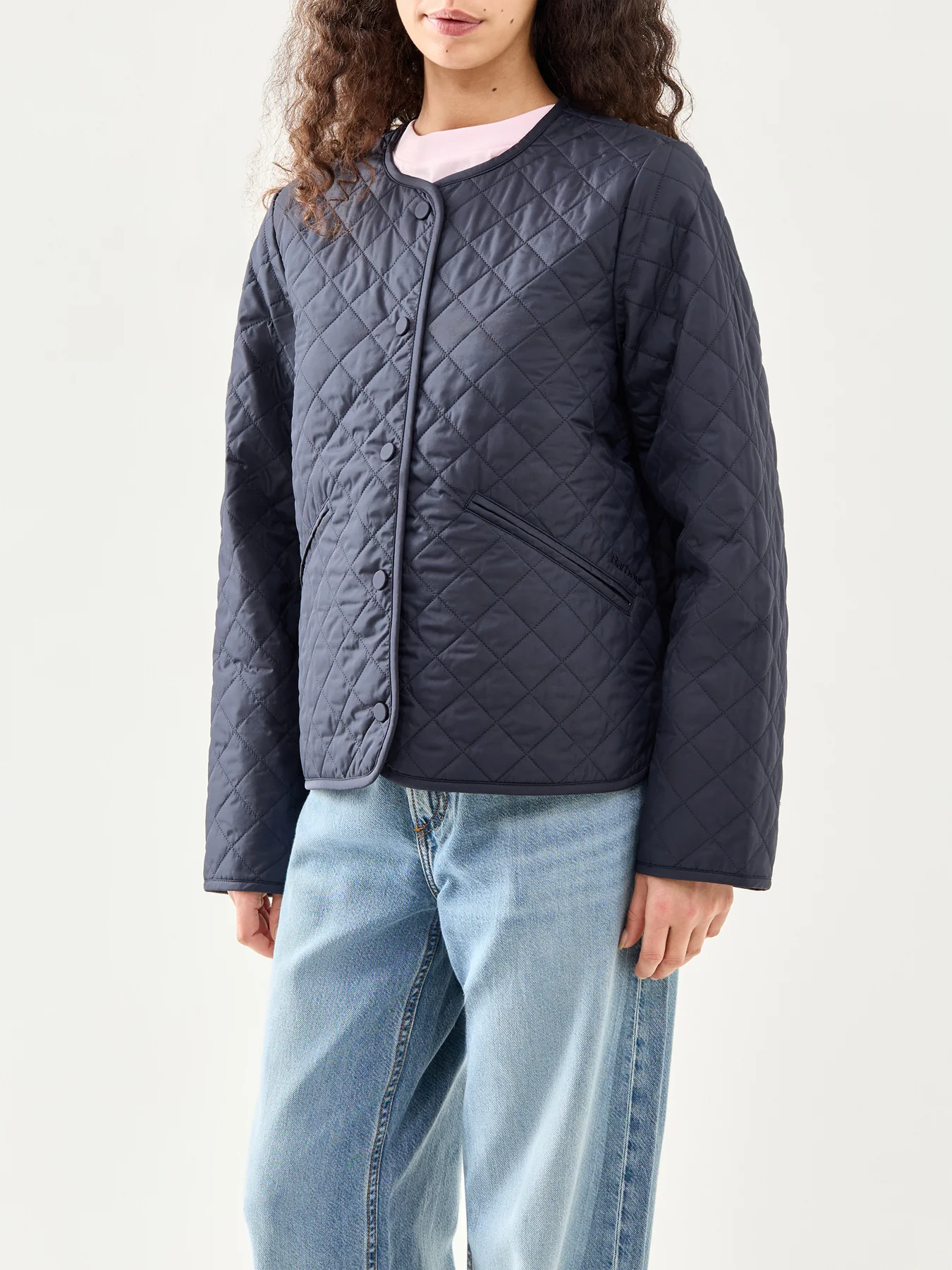 Cashel Collarless Quilted Jacket Navy Tartan - Image 4