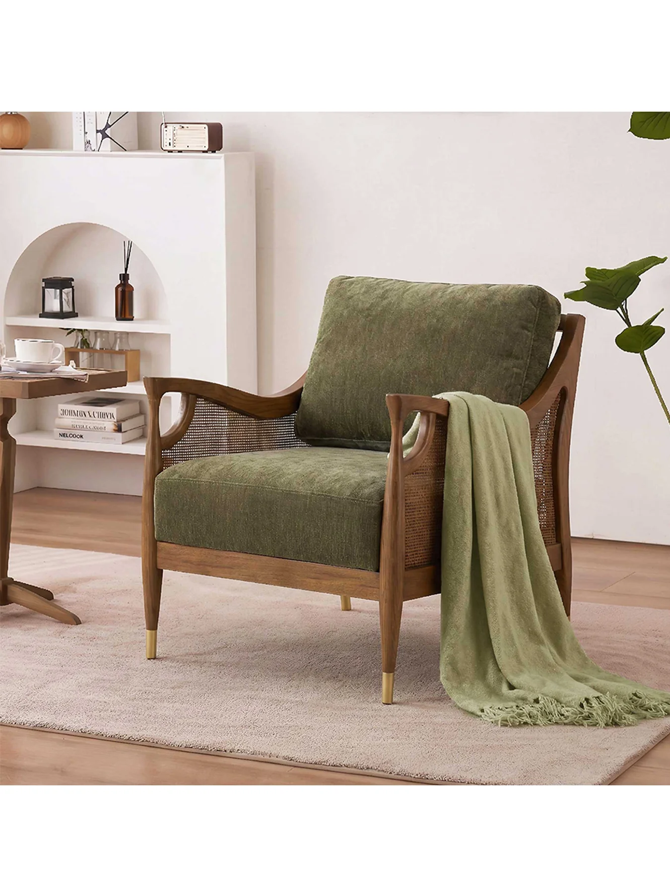 Olive Green Fabric Accent Chair With Rattan - Image 2