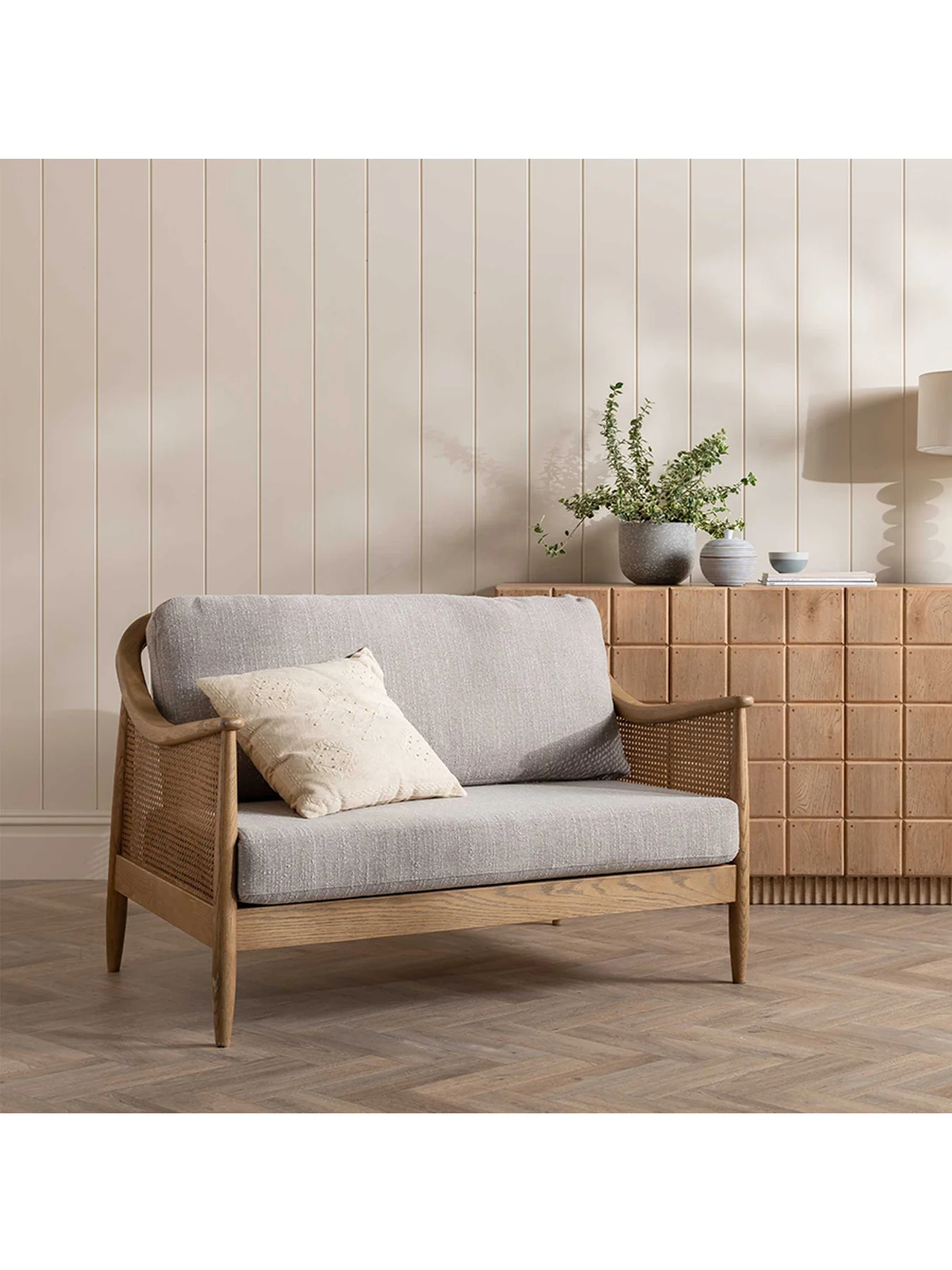 Yardley Green Fabric 2 Seater Sofa With Rattan - Image 2