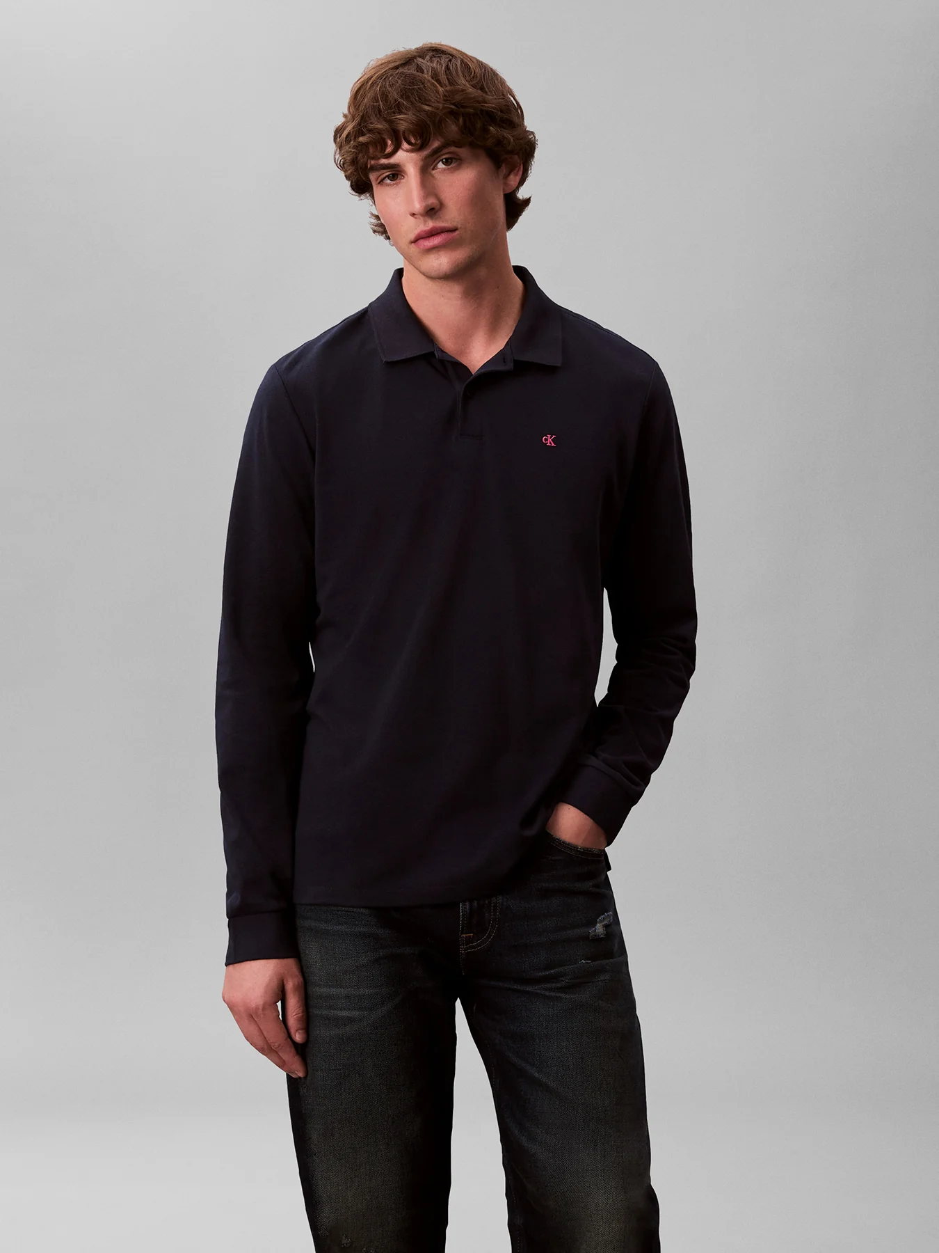 Long Sleeve Piqué Polo Shirt Blue - Image 3