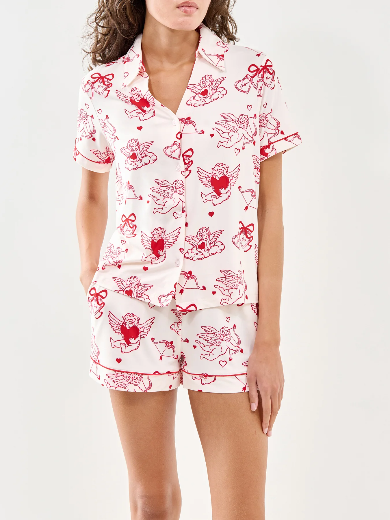 Valentine’s Cupid Print Short Pyjama Set Pink - Image 2
