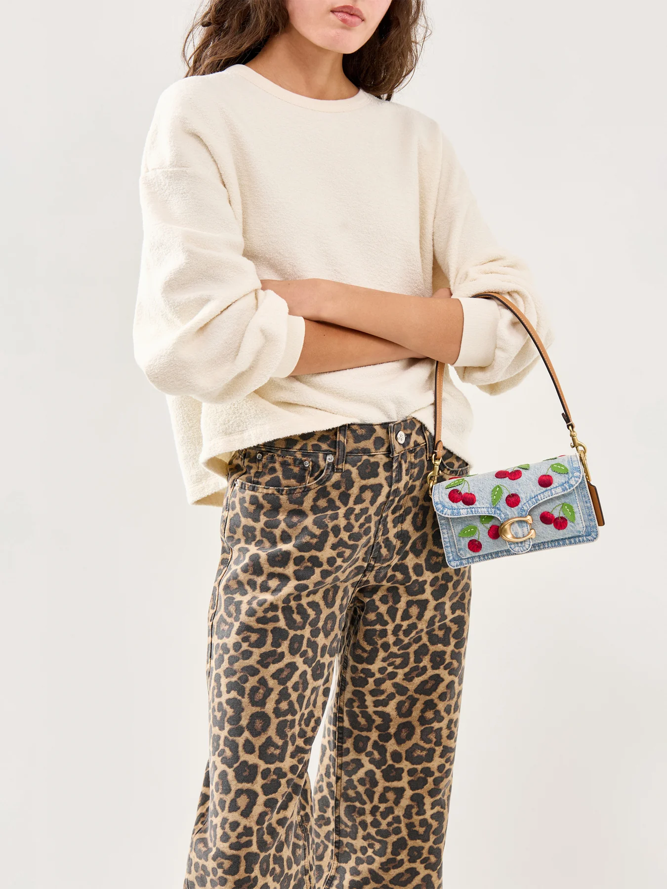Cherry Embroidered Denim Tabby Shoulder Bag 20 - Image 2