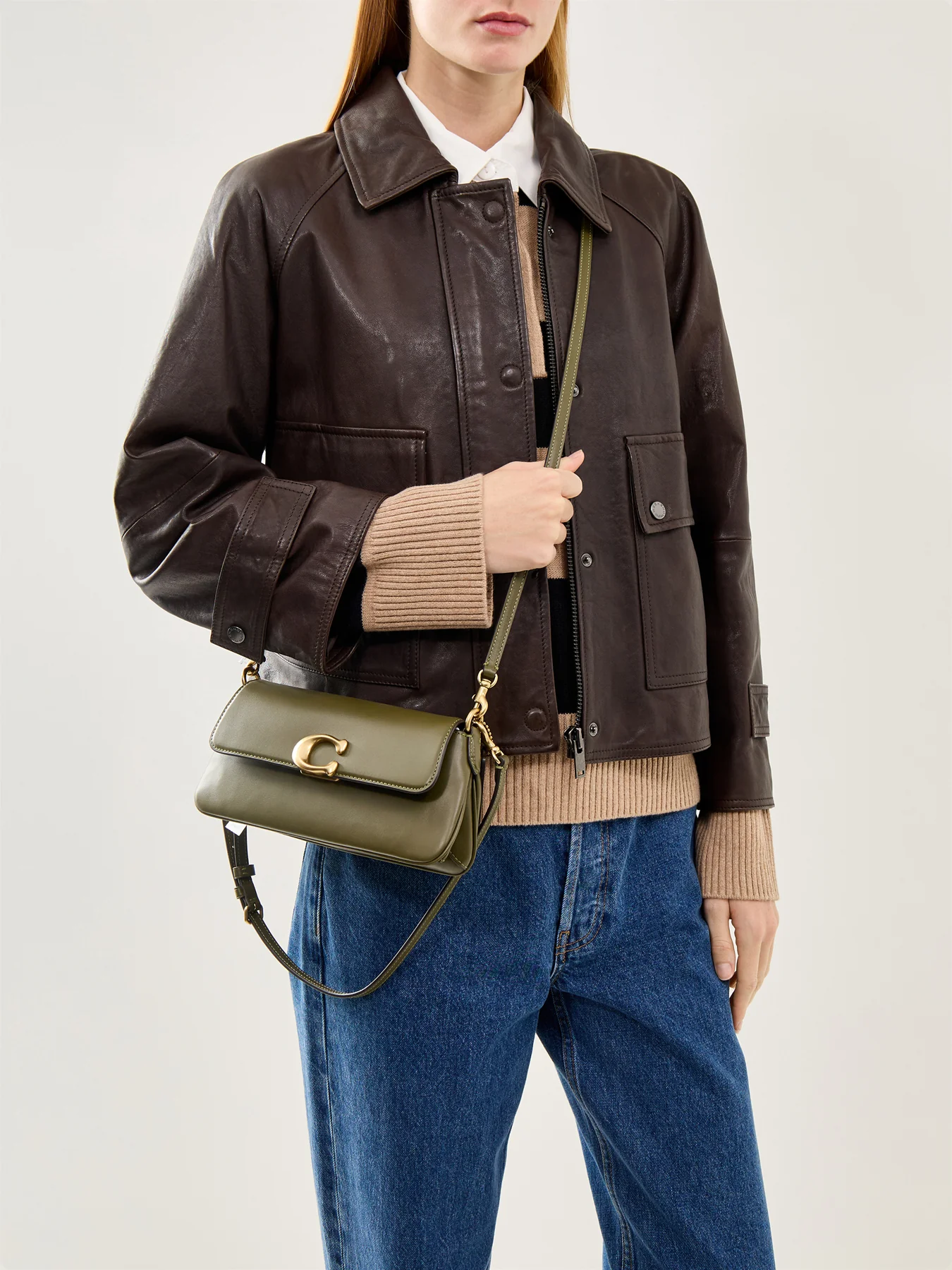 Refined Calf Leather Jet Shoulder Bag Olive - Image 2