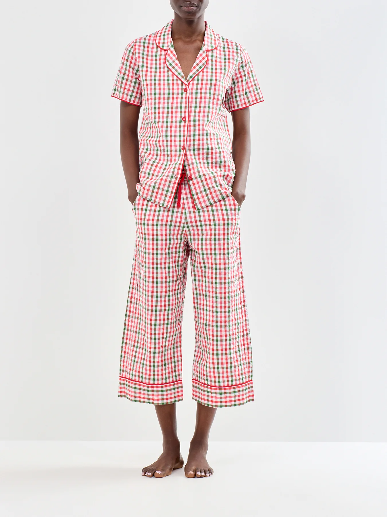 Seersucker Wide Leg Cropped Pyjama Bottoms Red - Image 2