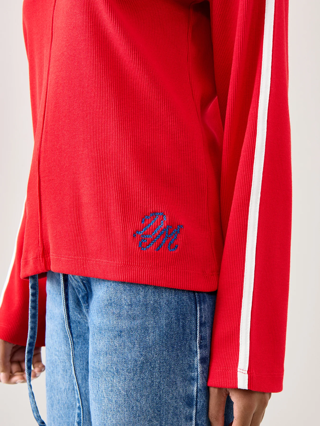 Lilah Stripe Long Sleeves Cotton Top Red Pointelle - Image 3