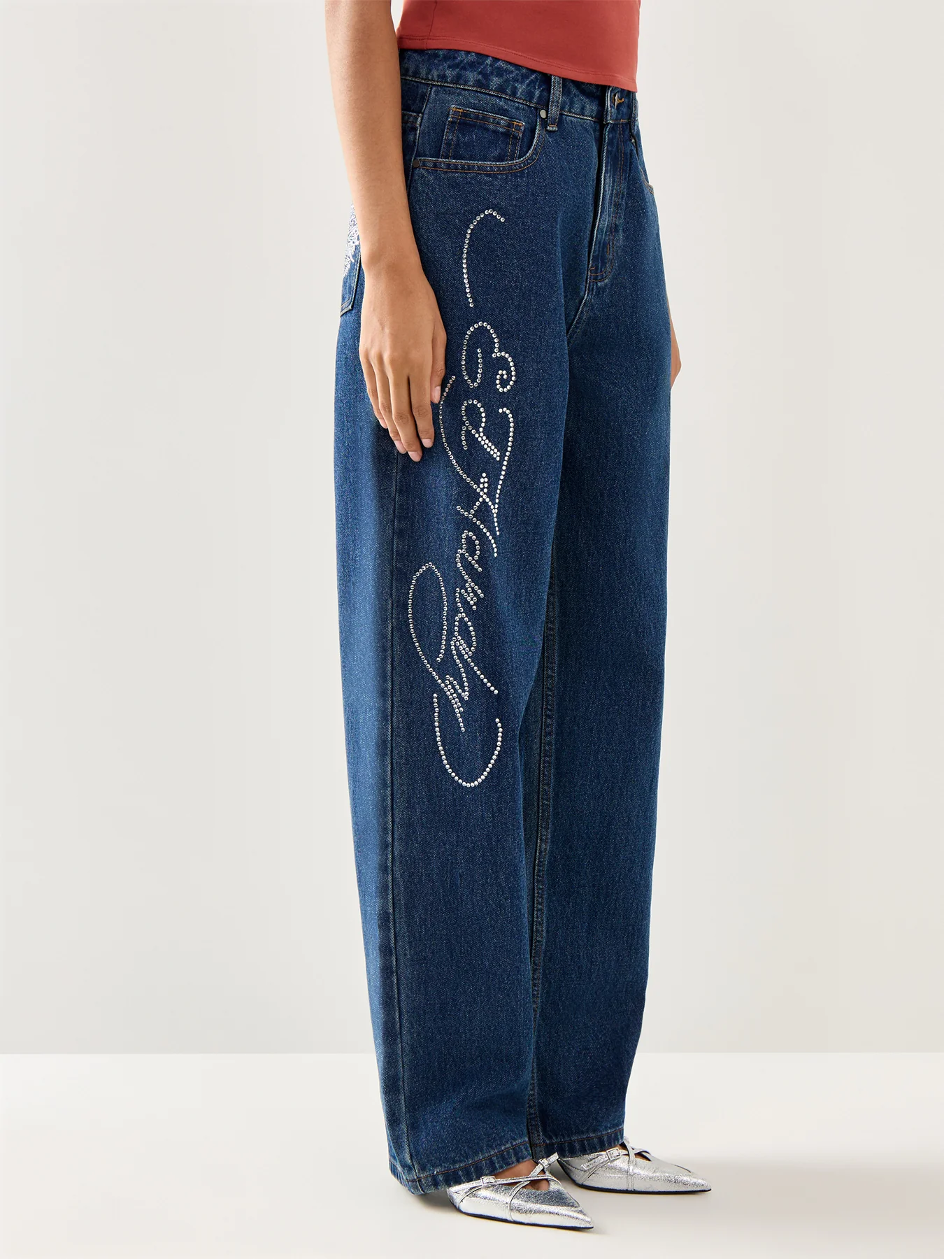 Crystal Roar Diamante Relaxed Denim Trousers Jeans Indigo - Image 4