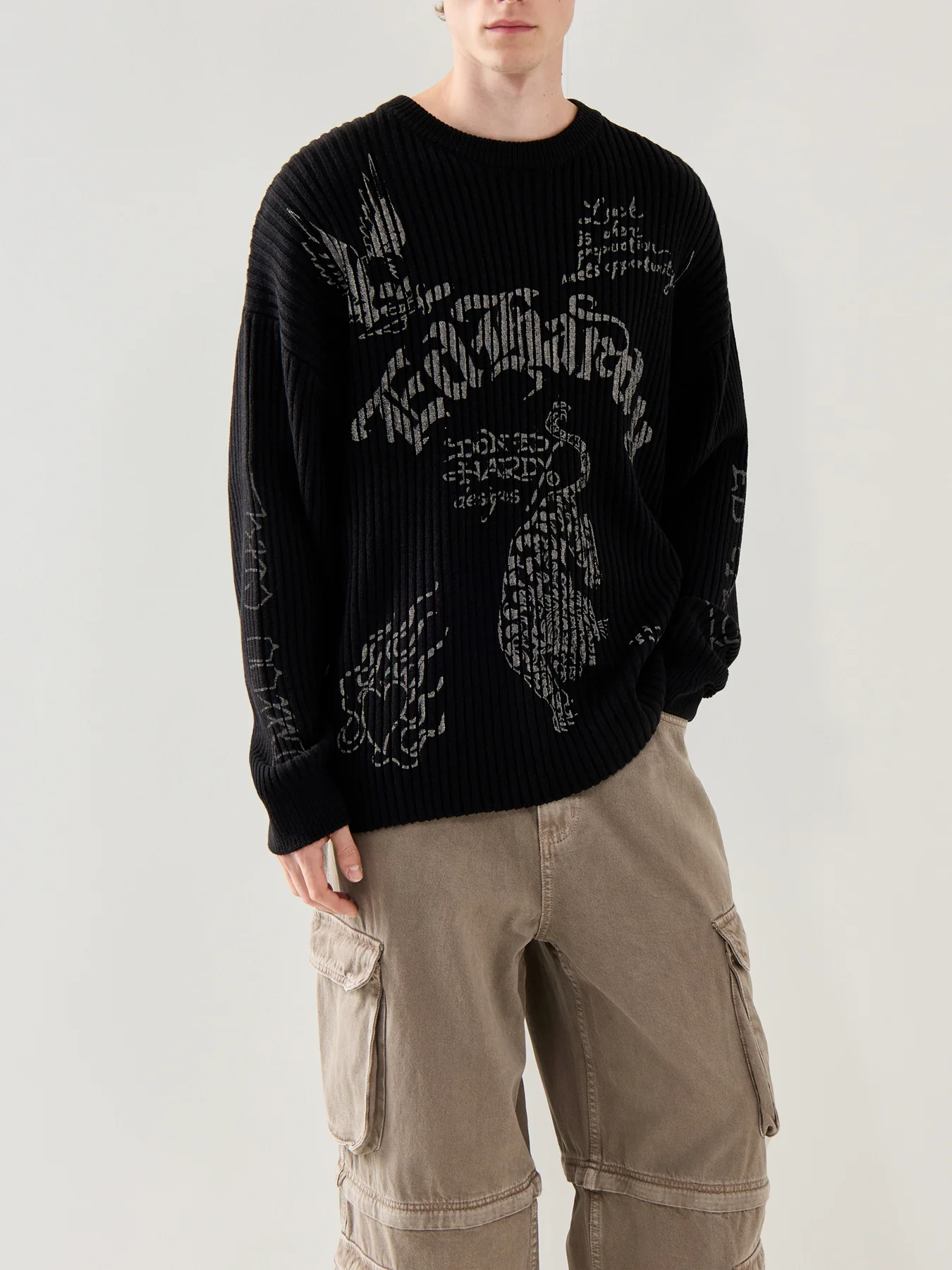 Mens Gothic Ribbed Knitted Crew Jumper Black - Image 4