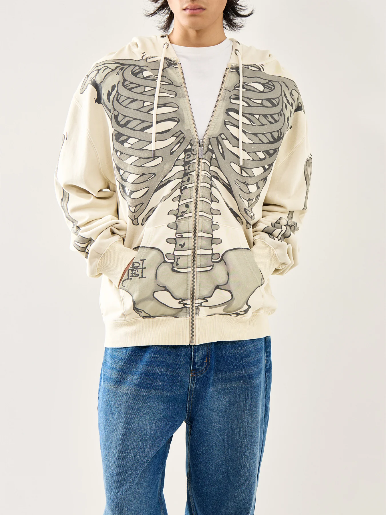 Skeleton Acid Zip Hoodie Ecru - Image 4