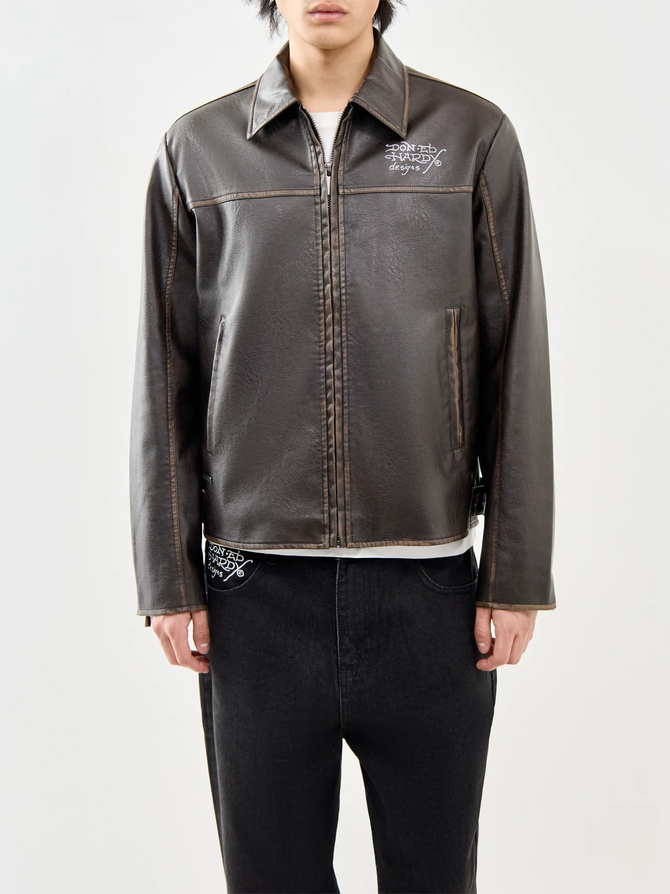 Vintage Washed Vegan Leather Motocross Jacket Brown - Image 4