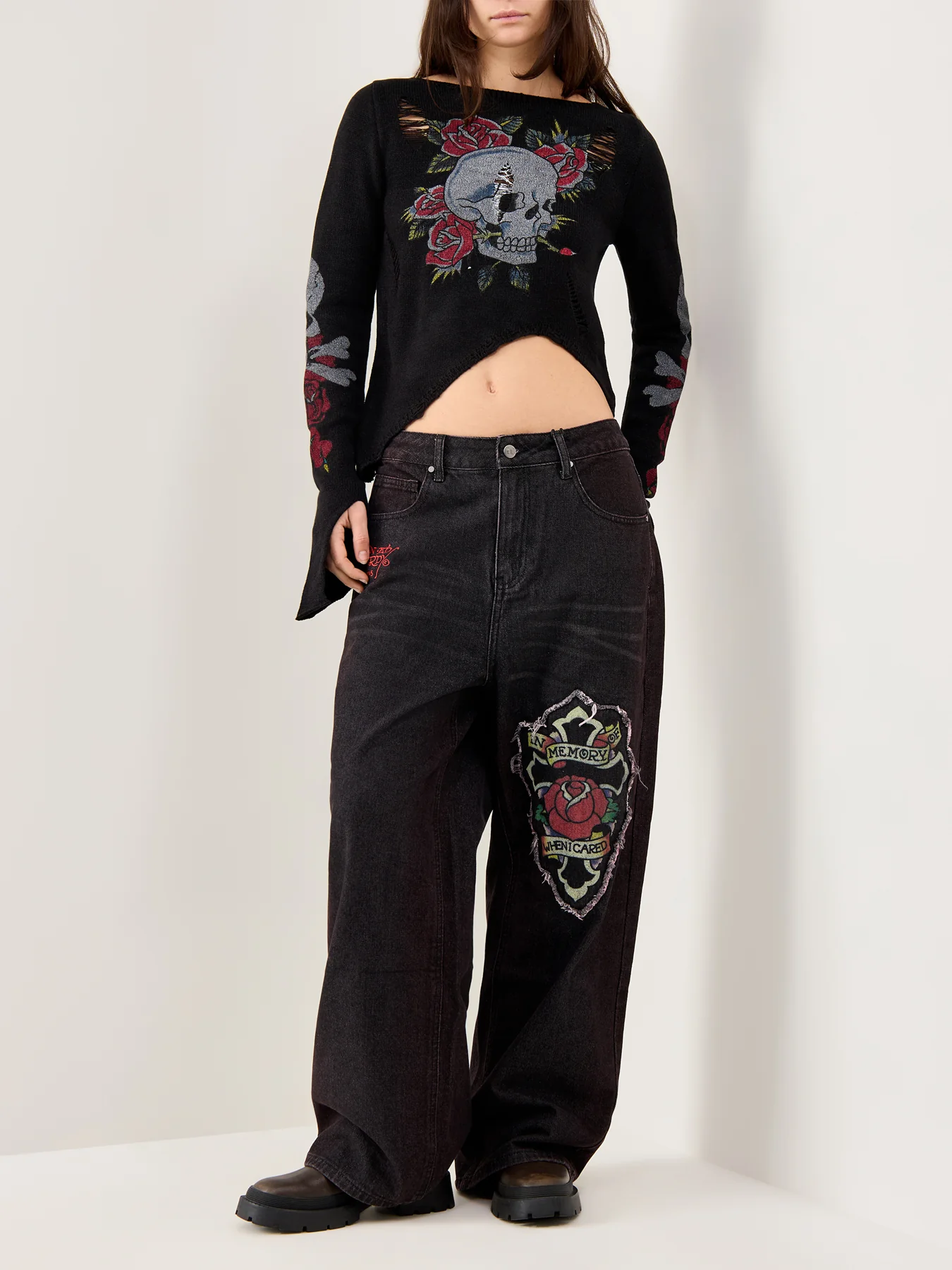 Ed Hardy Skull and Roses Distressed Knit Black - Image 2