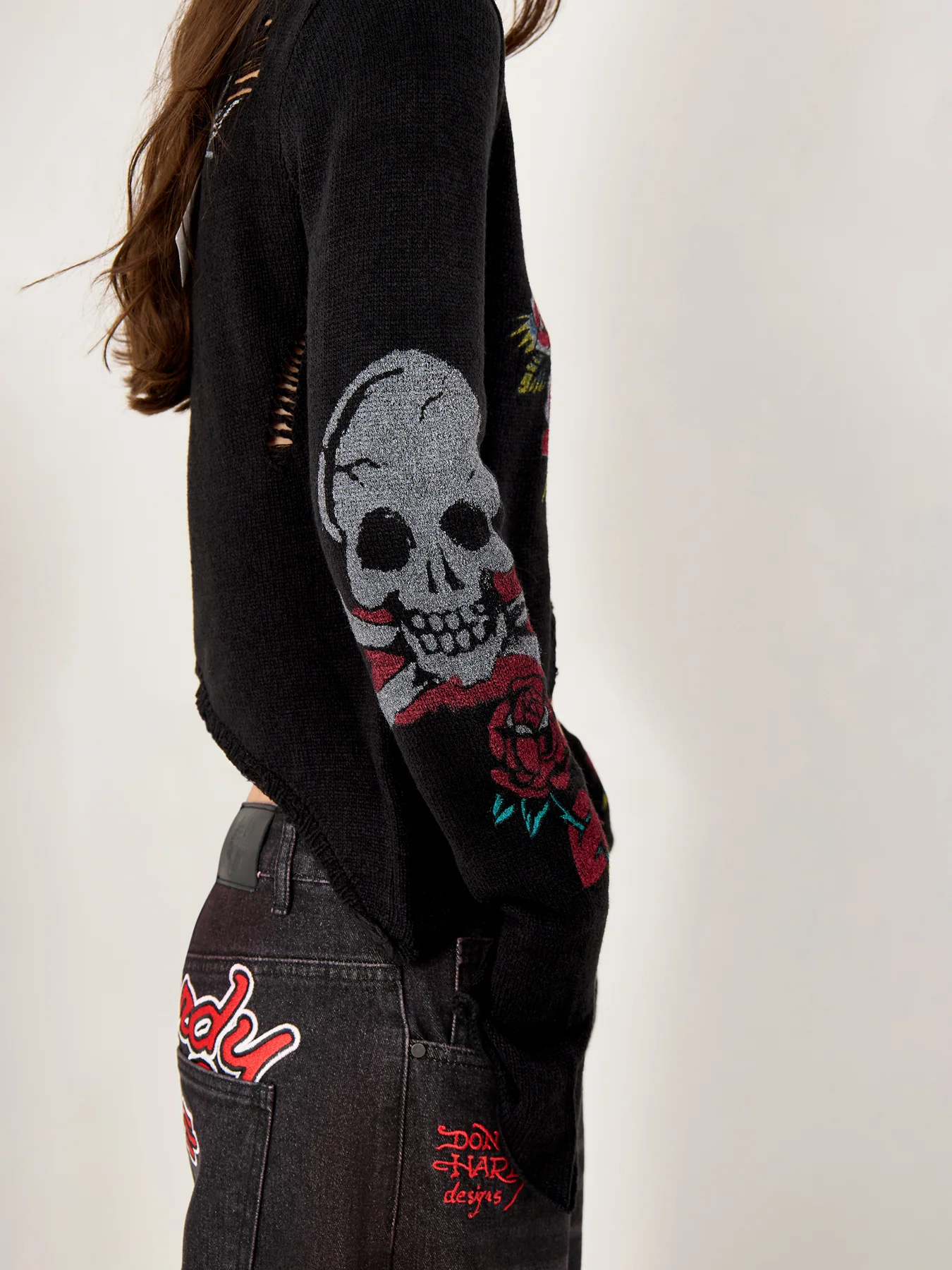 Ed Hardy Skull and Roses Distressed Knit Black - Image 3