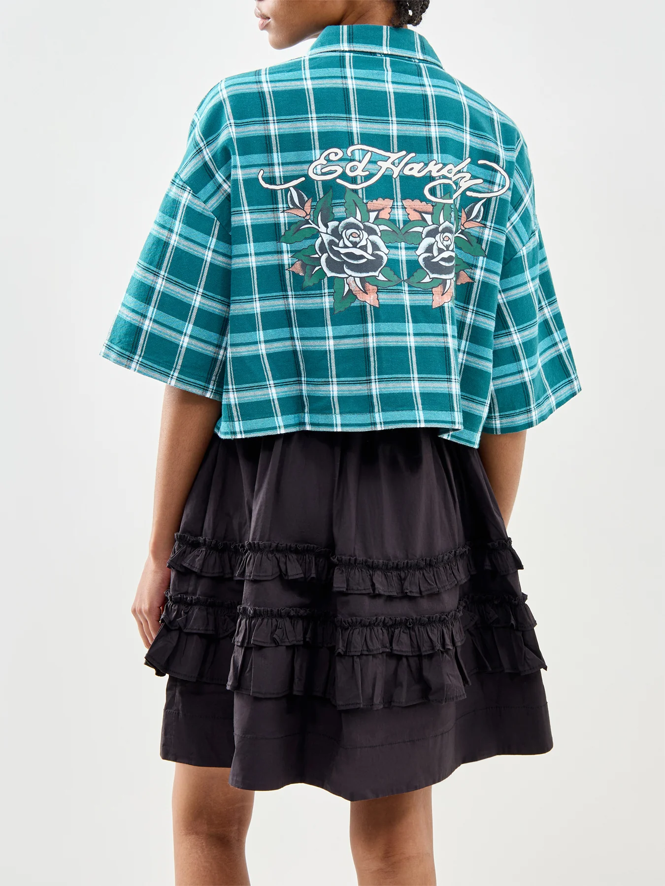 Black Roses Cropped Relaxed Camp Shirt Green - Image 4
