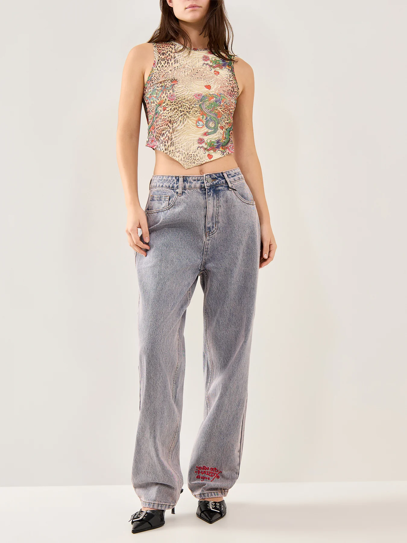 Dragon Repeat Mesh Vest Top Ecru - Image 2