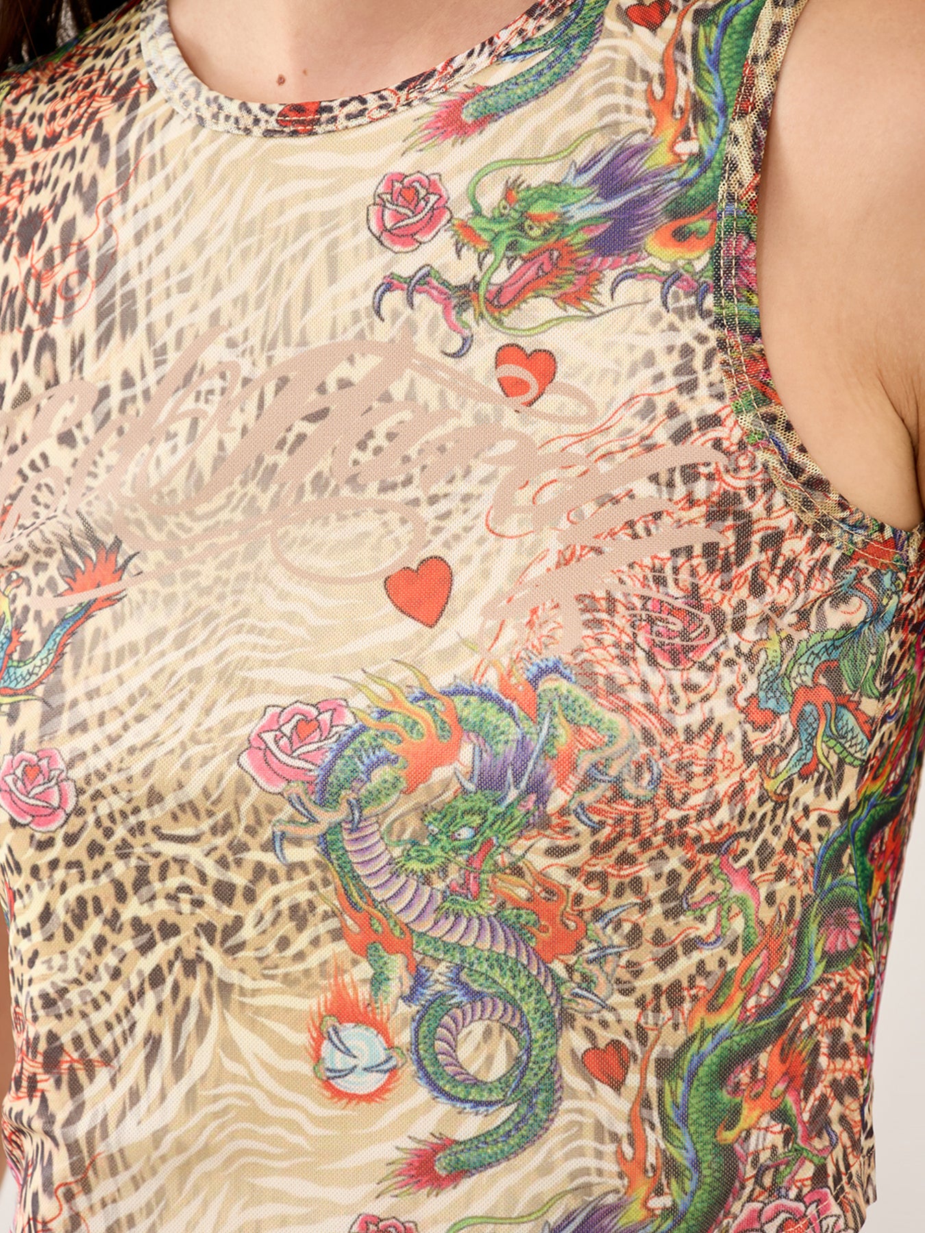 Dragon Repeat Mesh Vest Top Ecru - Image 3
