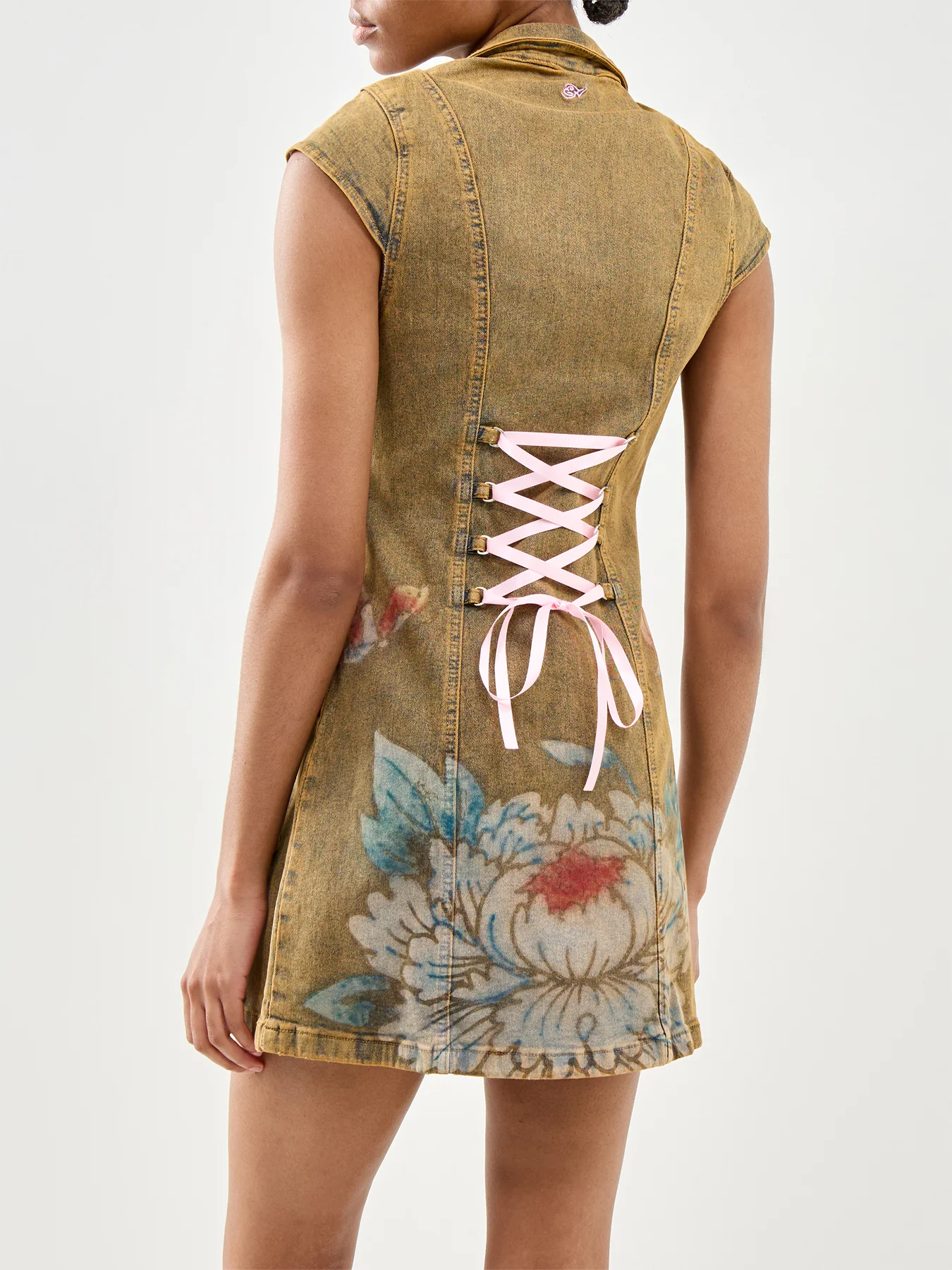 Lotus Flower Seam Detail Tie Up Denim Dress Beige - Image 5