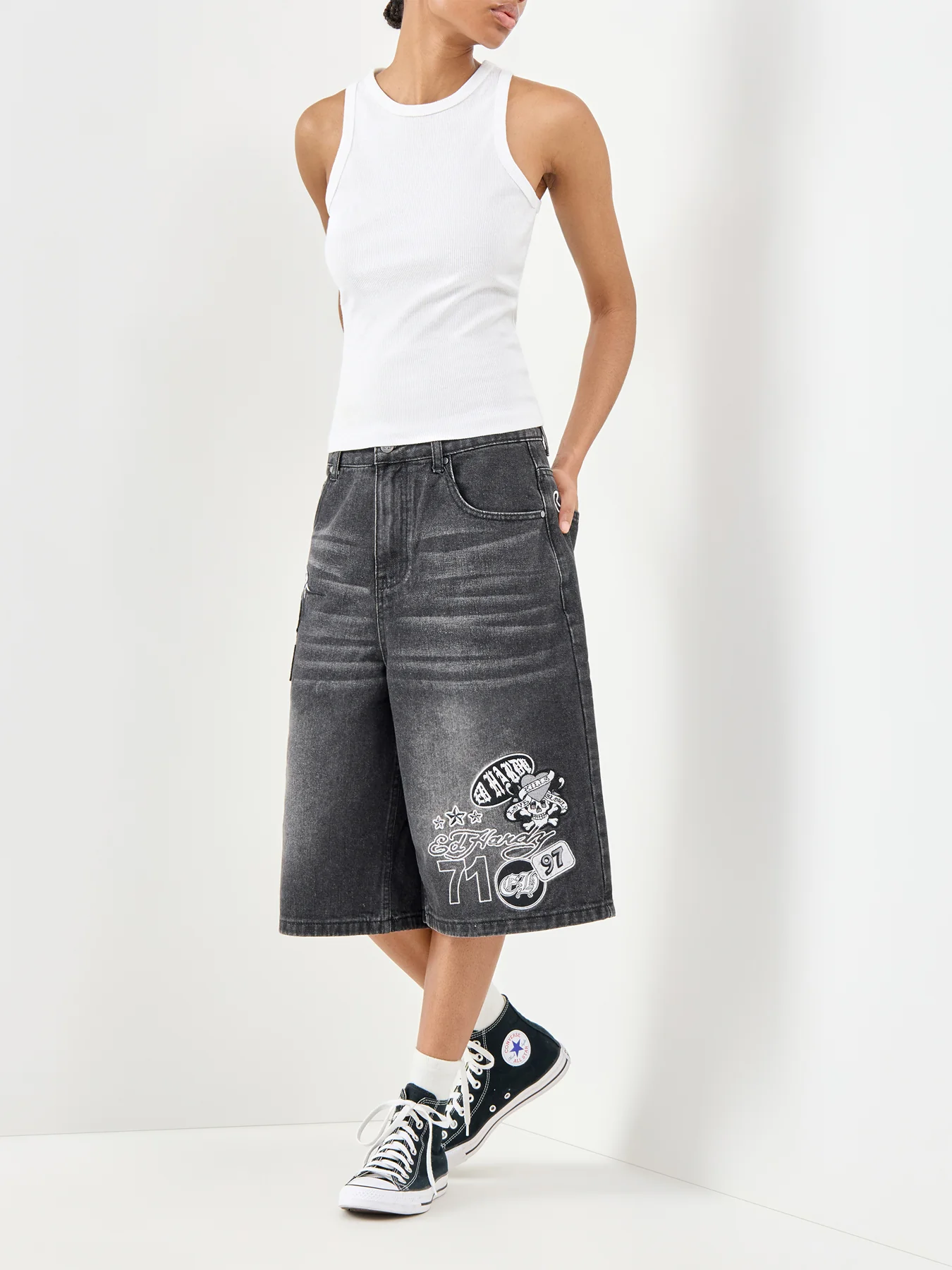 Multi Badge Tattoo Denim Jorts Black - Image 2