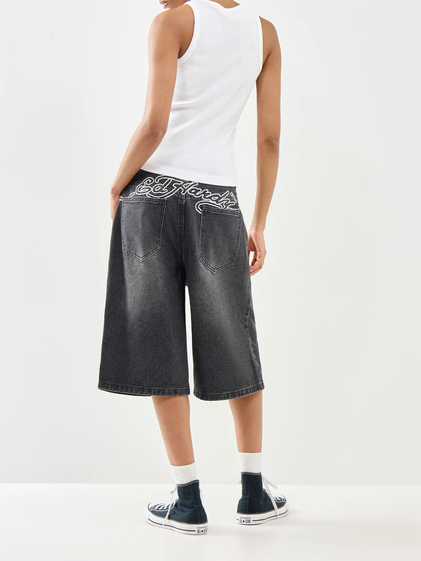 Multi Badge Tattoo Denim Jorts Black - Image 5