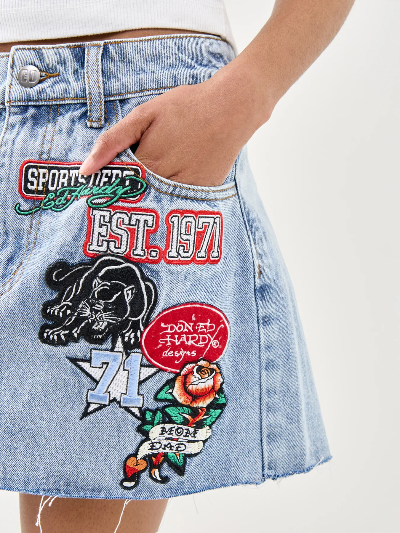 Multi Badge Tattoo Denim Mini Skirt Blue - Image 3
