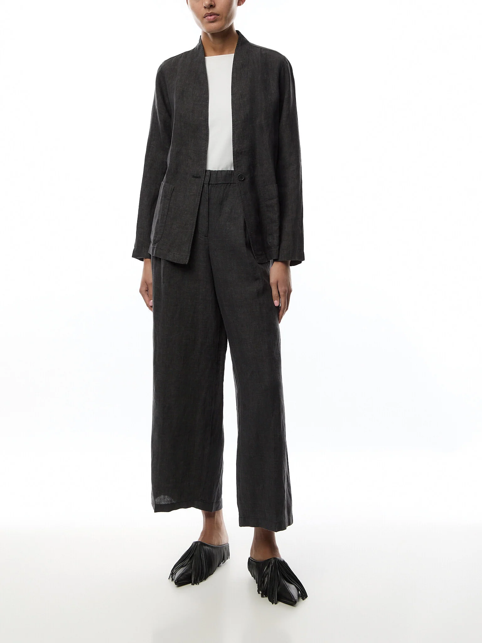 High Waisted Pleated Linen Trousers Grey - Image 2