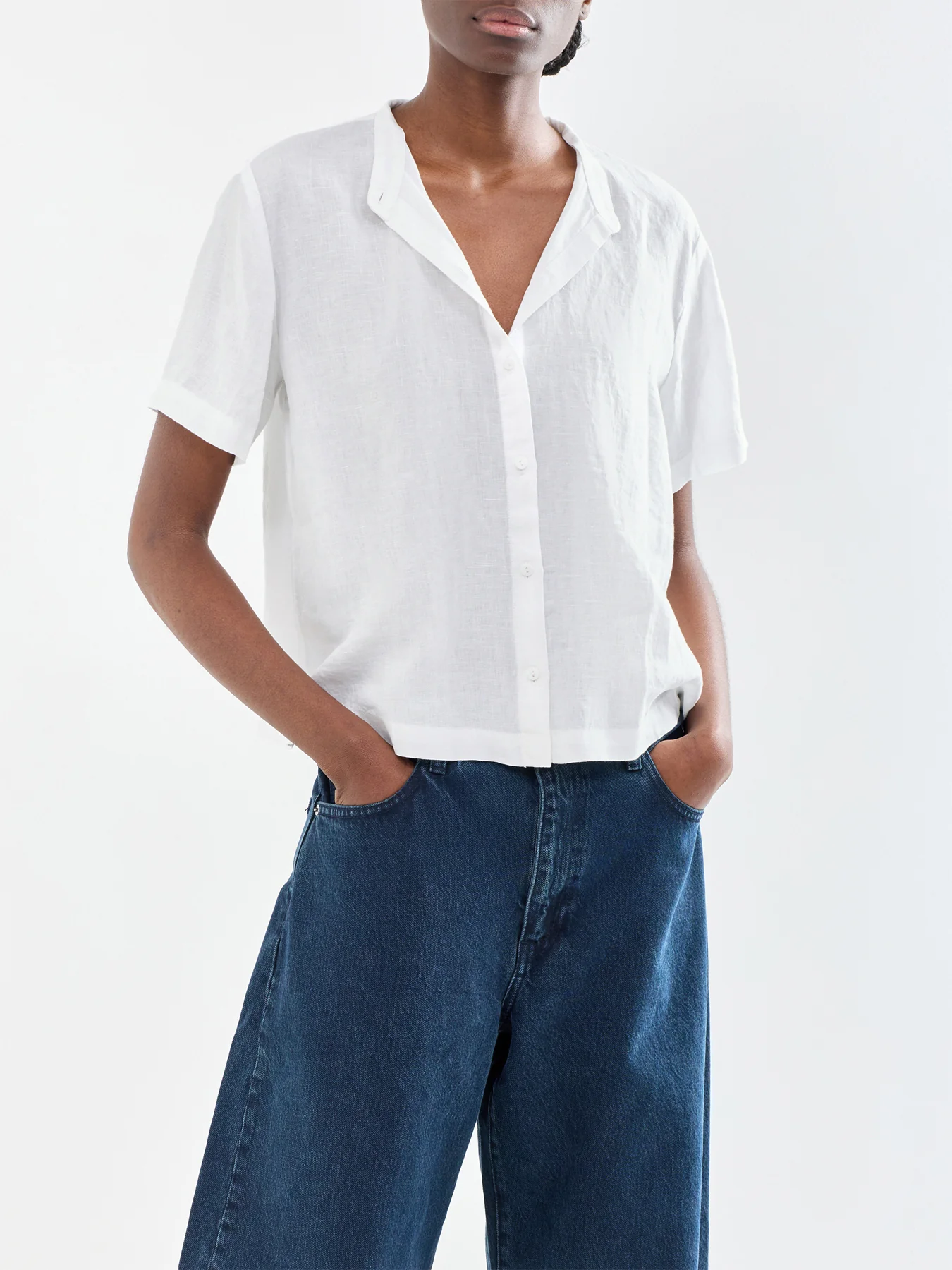 Mandarin Collar Linen Shirt White - Image 4