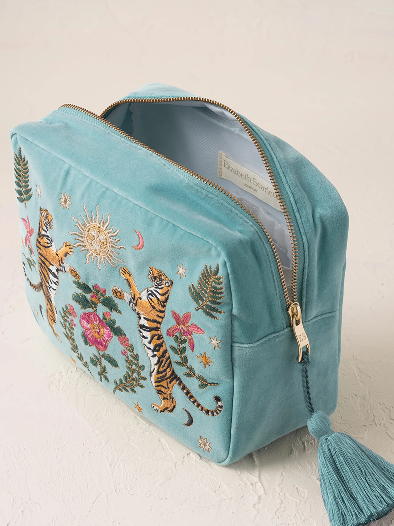 Celestial Tigers Velvet Wash Bag Dusky Teal - Image 2