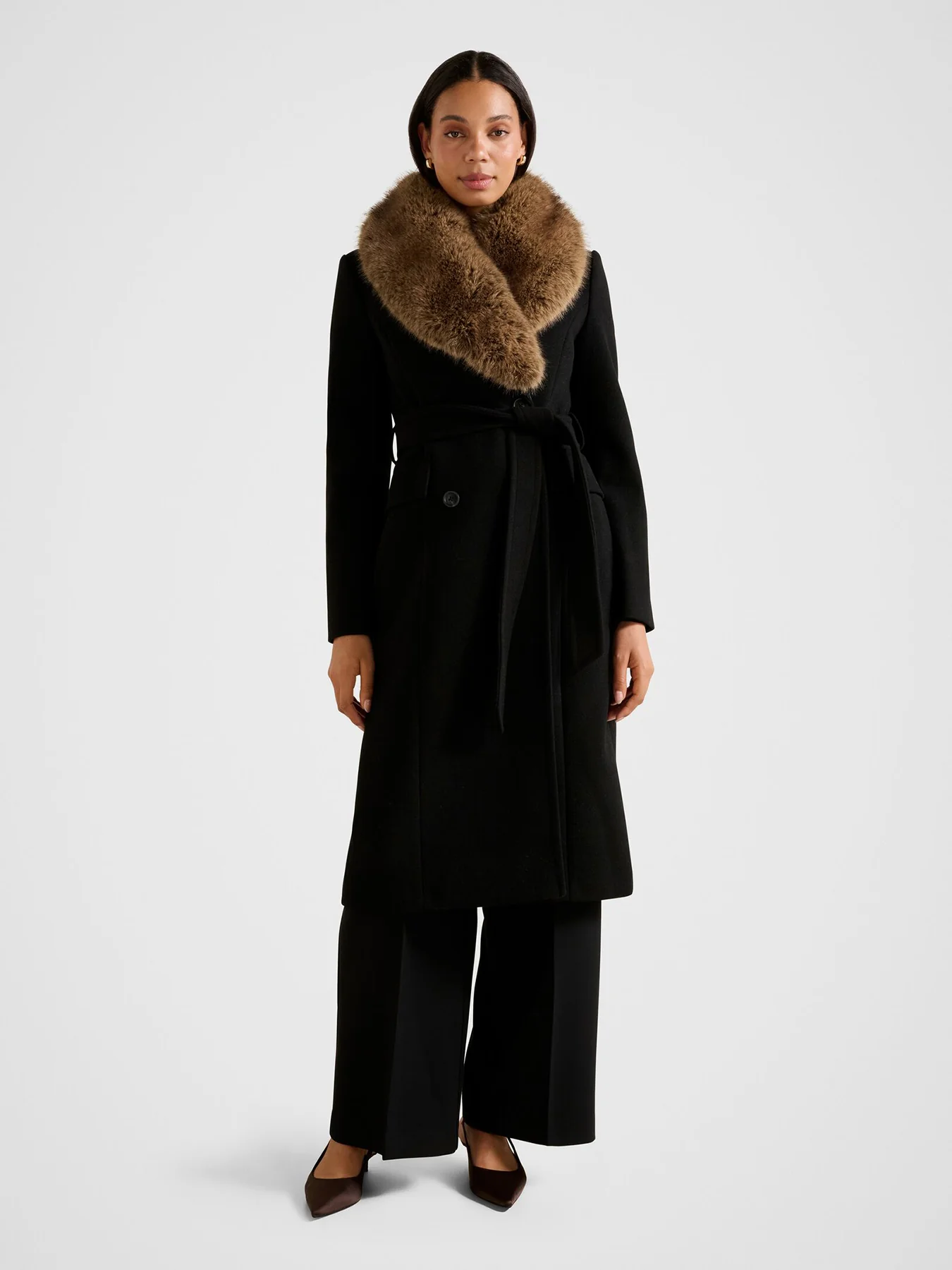 Chelsea Double Breasted Fur Collar Coat Black - Image 2