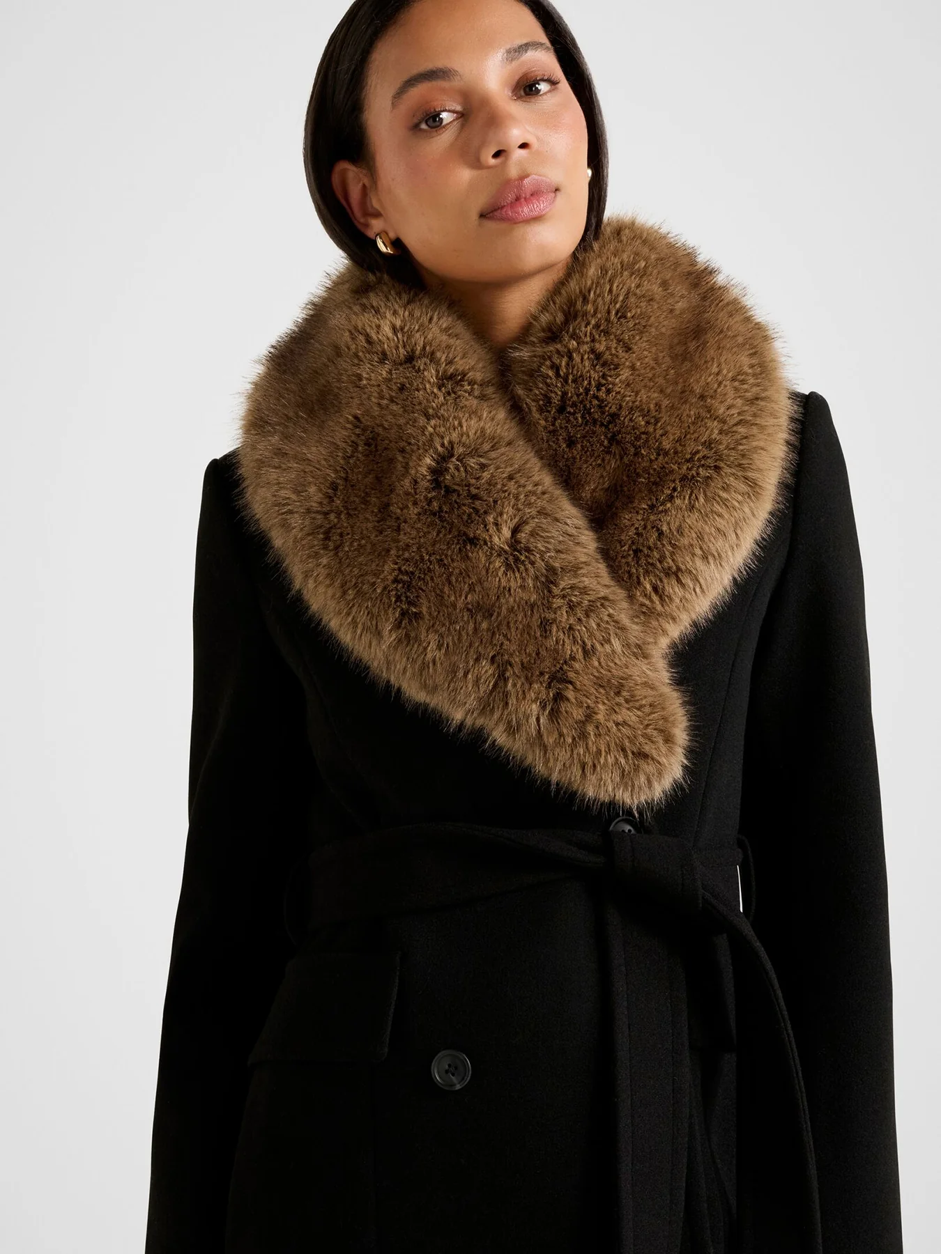 Chelsea Double Breasted Fur Collar Coat Black - Image 5
