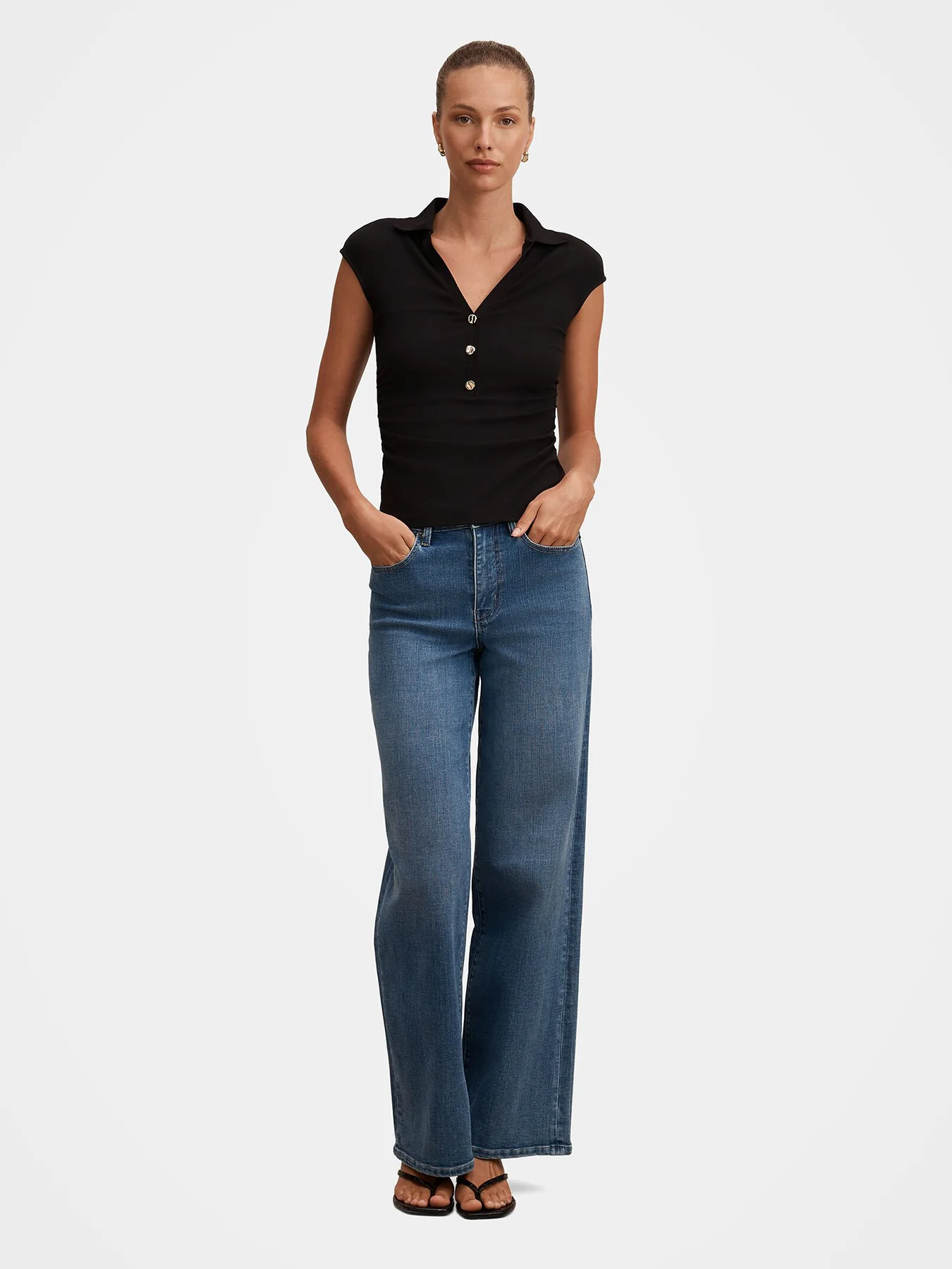 Winnie Extended Shoulder Polo Top Black - Image 2