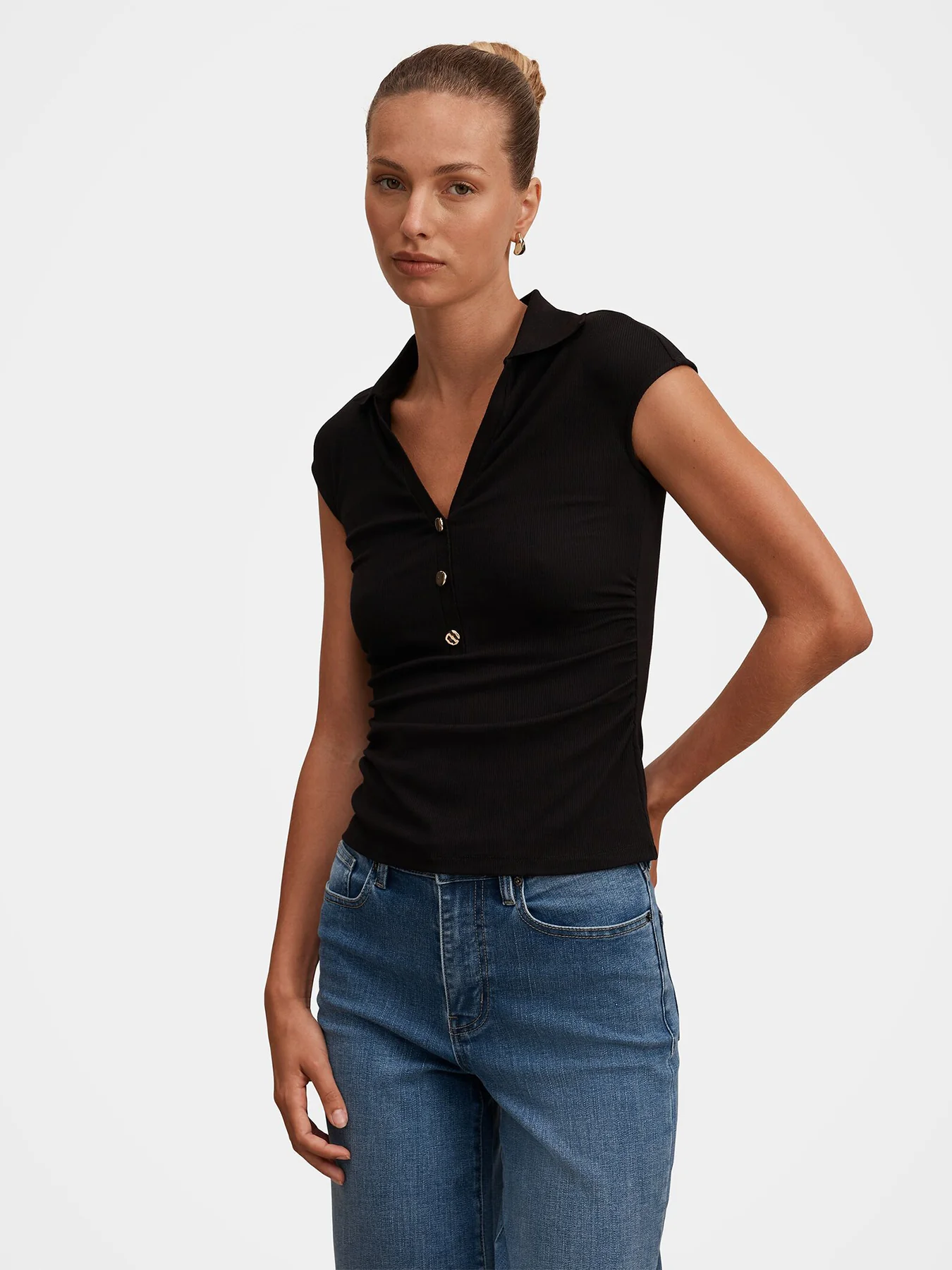 Winnie Extended Shoulder Polo Top Black - Image 4