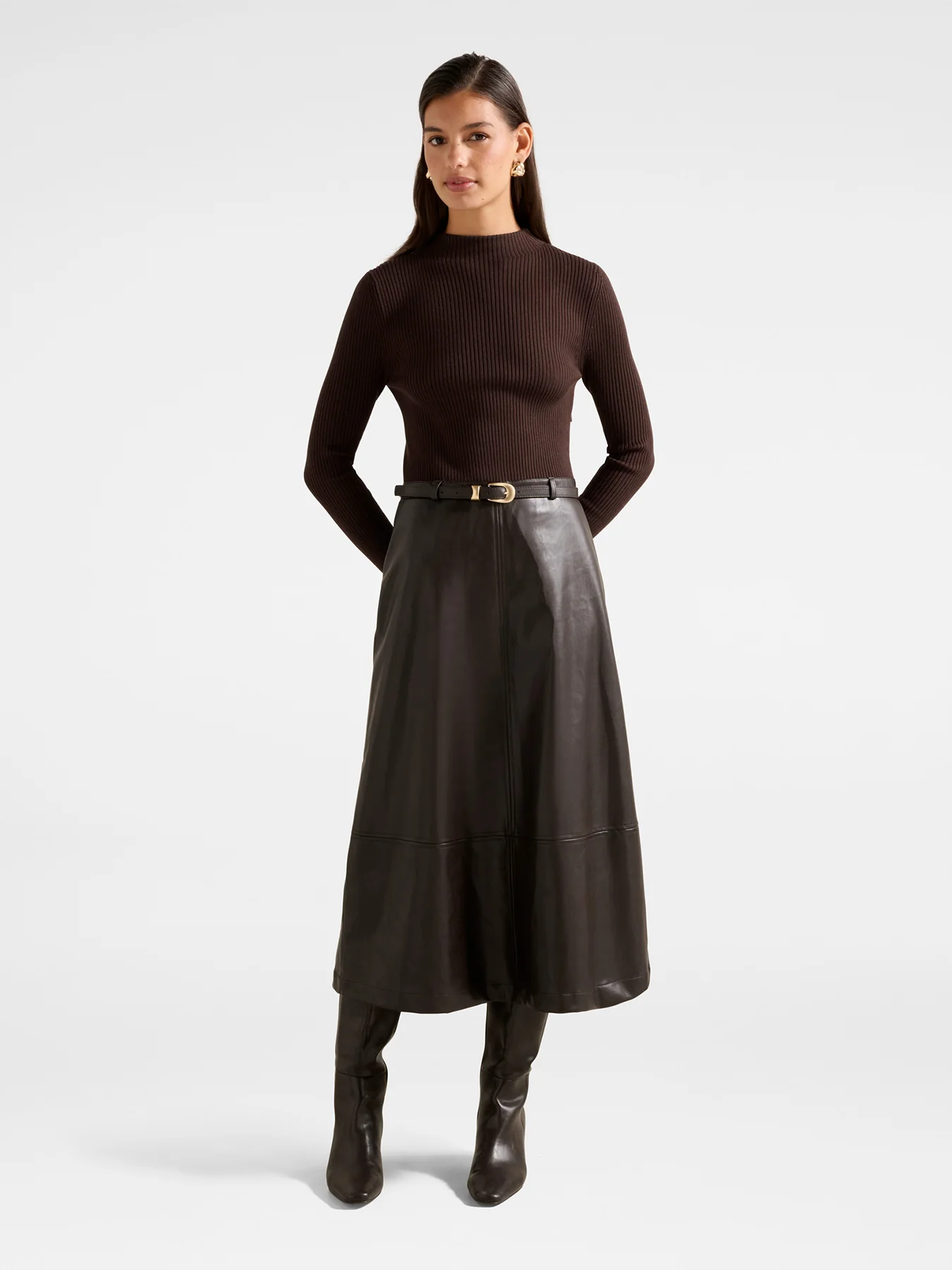 Brooklyn Vegan Leather A Line Midi Dress Brown - Image 2
