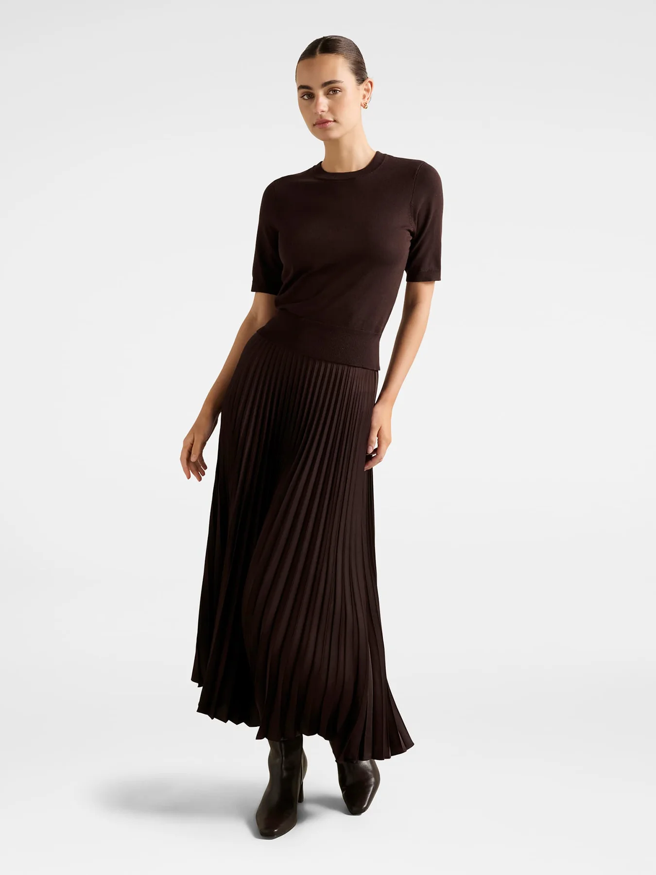 Estelle Satin Pleated Midi Skirt Chocolate - Image 2