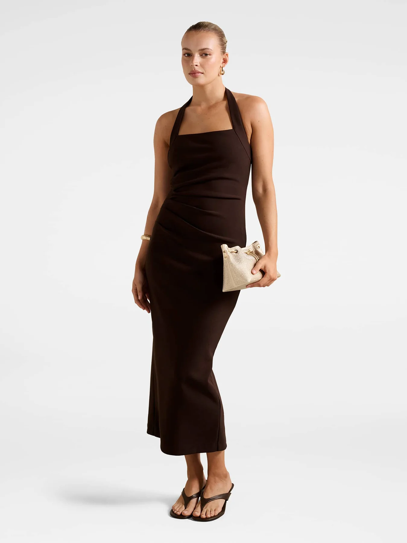 Georgie Halter Neck Ruched Bodycon Dress Brown - Image 2