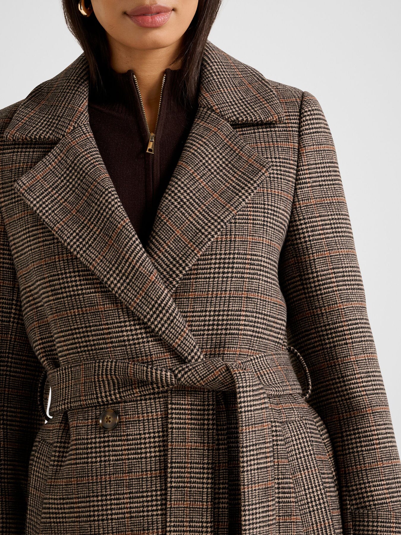 Luccia Belted Check Coat Brown - Image 5