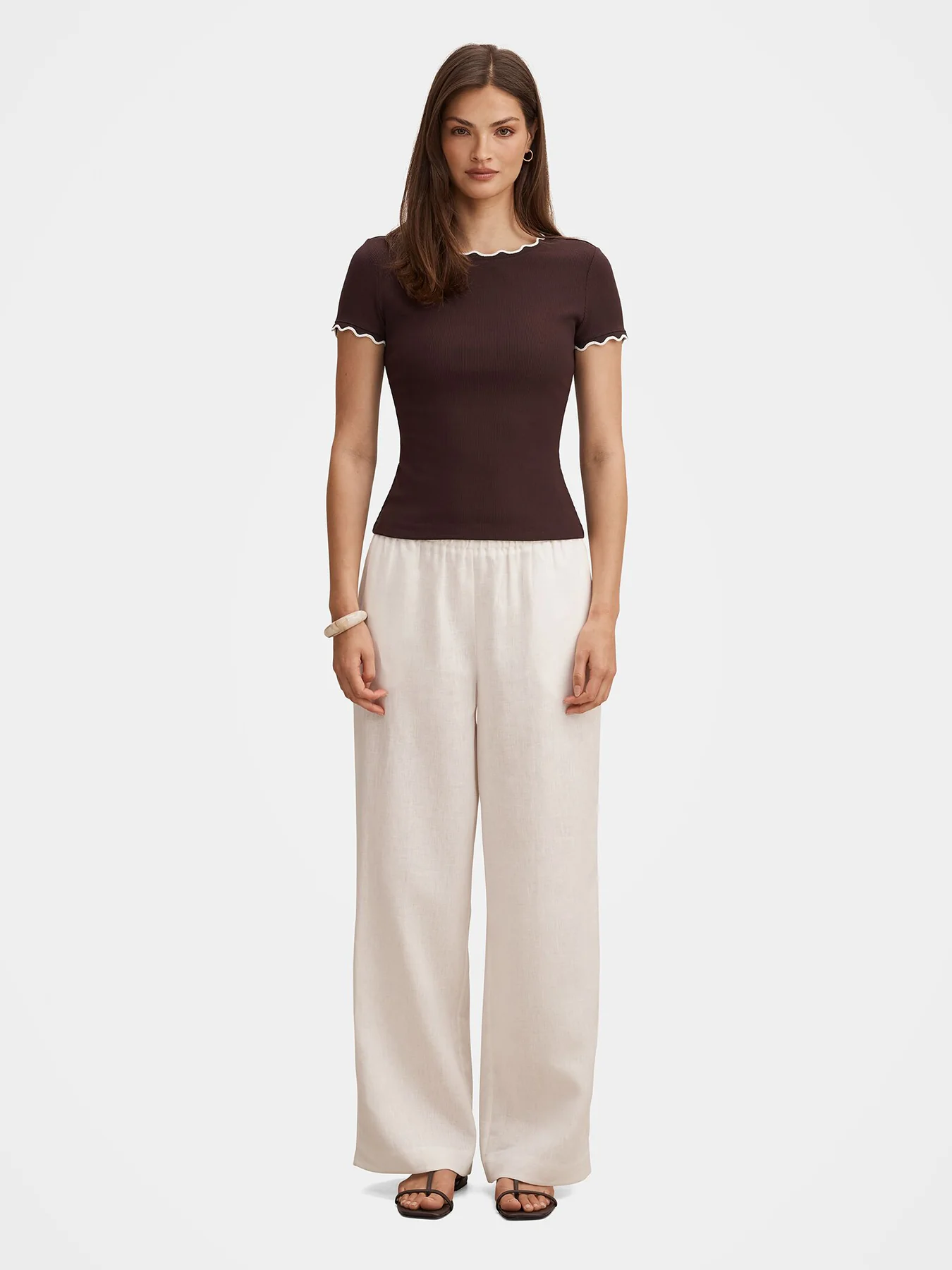 Rebecca Scallop Trim T-Shirt Brown - Image 2
