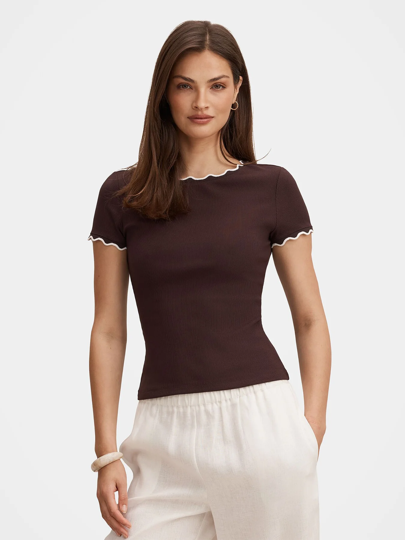 Rebecca Scallop Trim T-Shirt Brown - Image 4