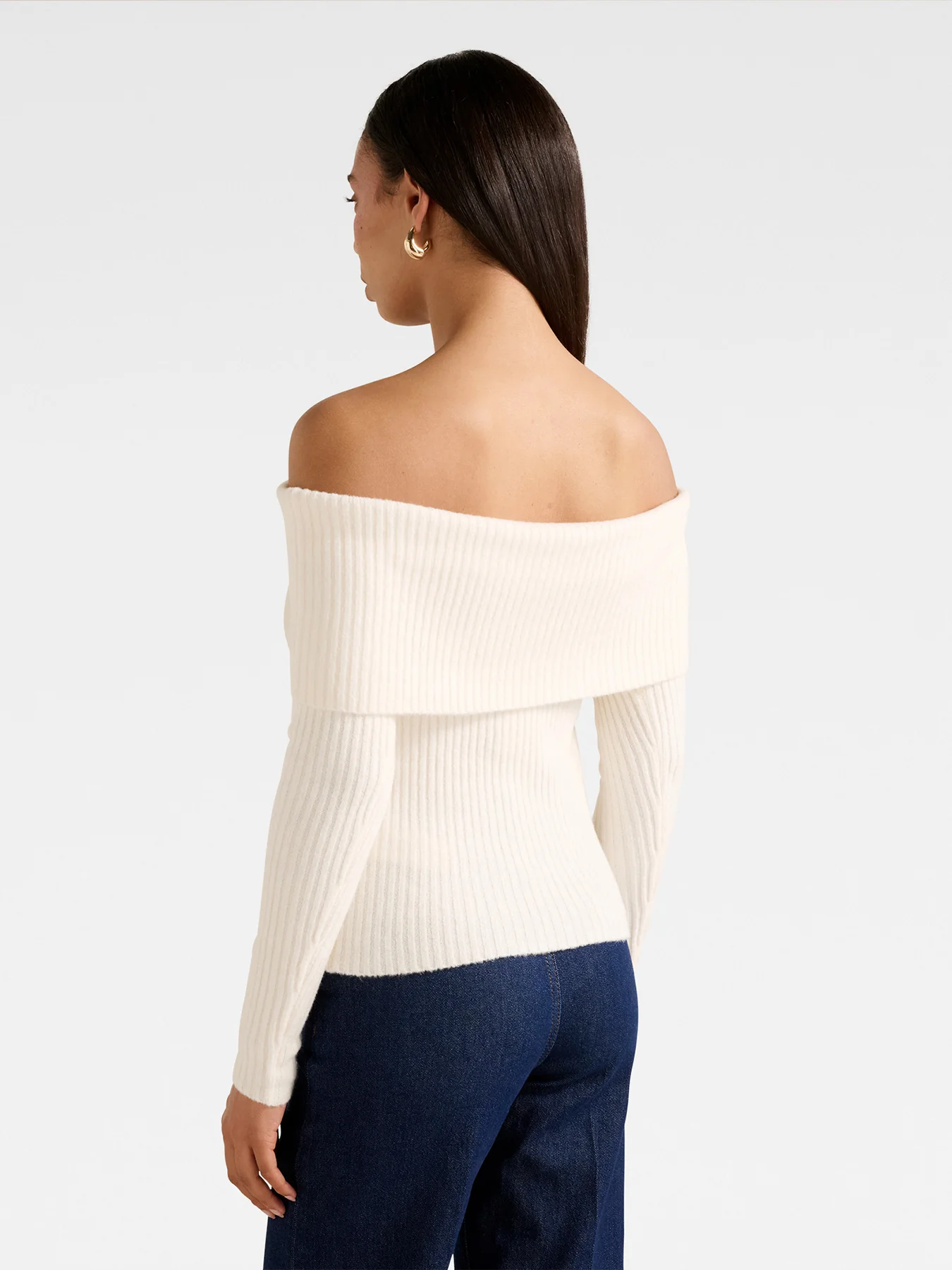 Ashley Ribbed Bardot Top Beige - Image 3
