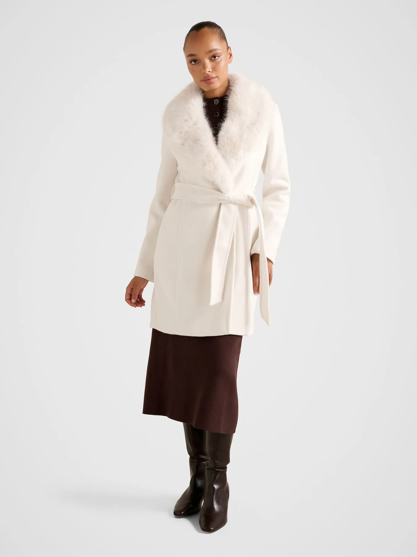 Rocky Faux Fur Collar Wrap Longline Coat Cream - Image 2