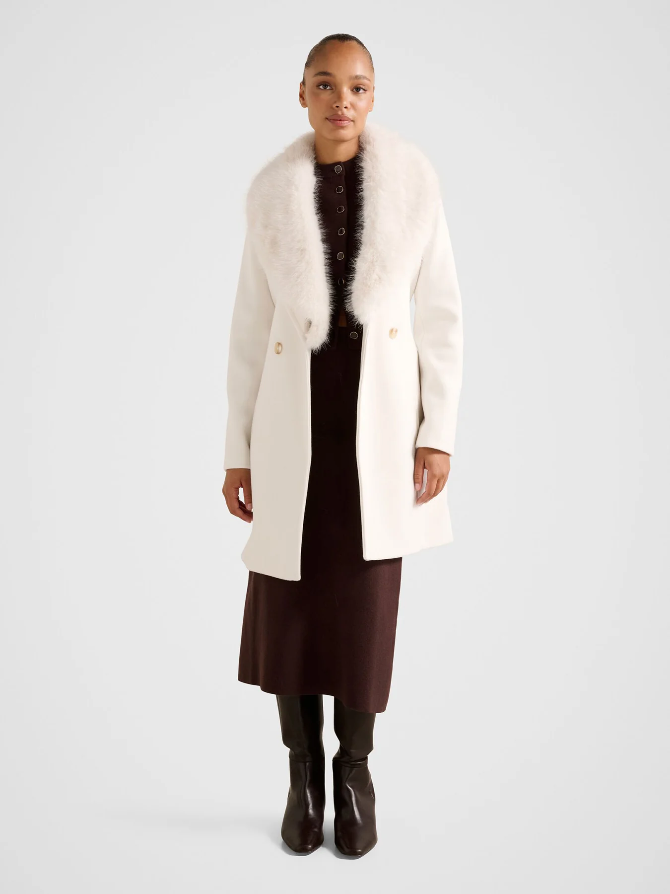 Rocky Faux Fur Collar Wrap Longline Coat Cream - Image 4