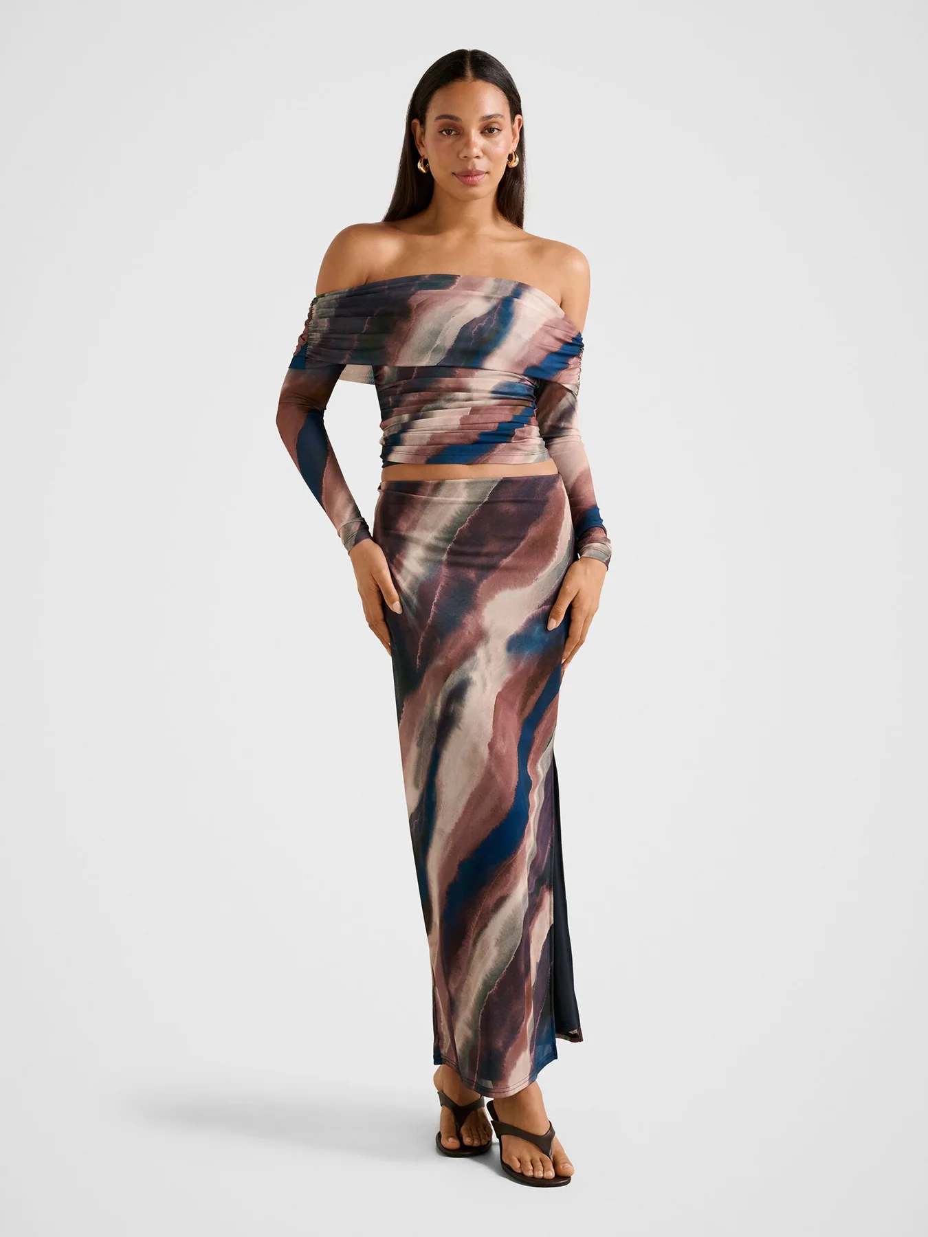 Kaia Ruched Mesh Bardot Top - Image 2