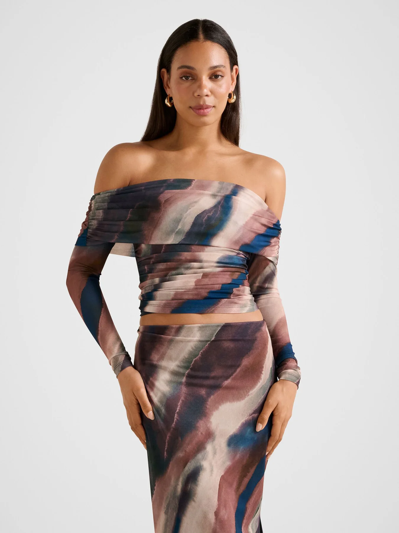 Kaia Ruched Mesh Bardot Top - Image 4