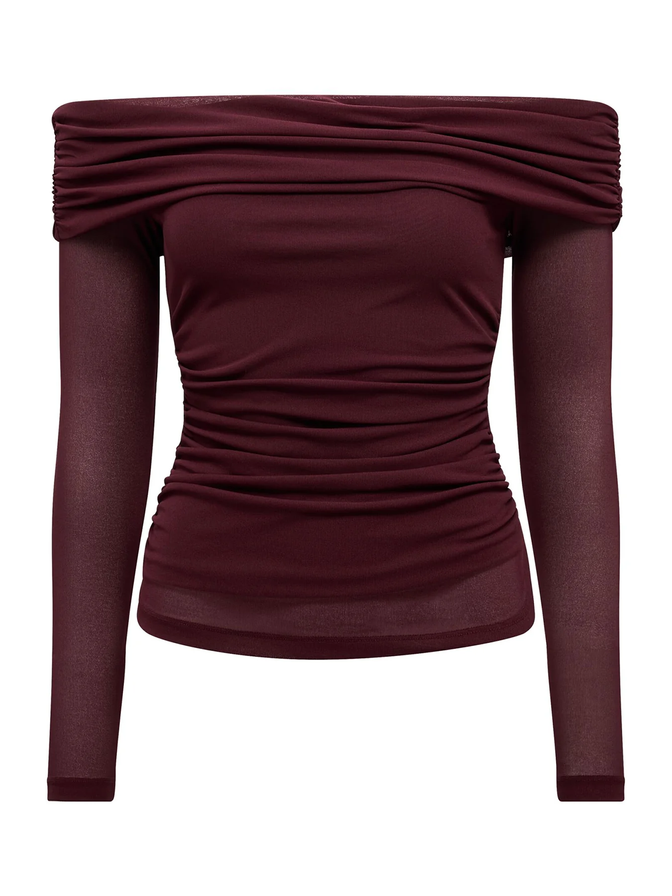 Kaia Ruched Mesh Bardot Neck Top Red