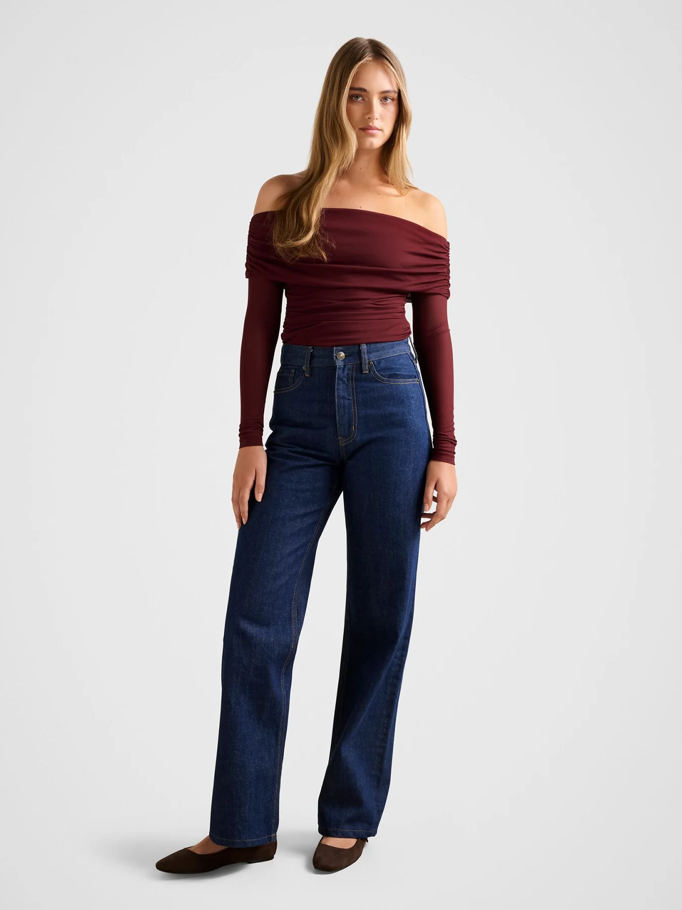 Kaia Ruched Mesh Bardot Neck Top Red - Image 2