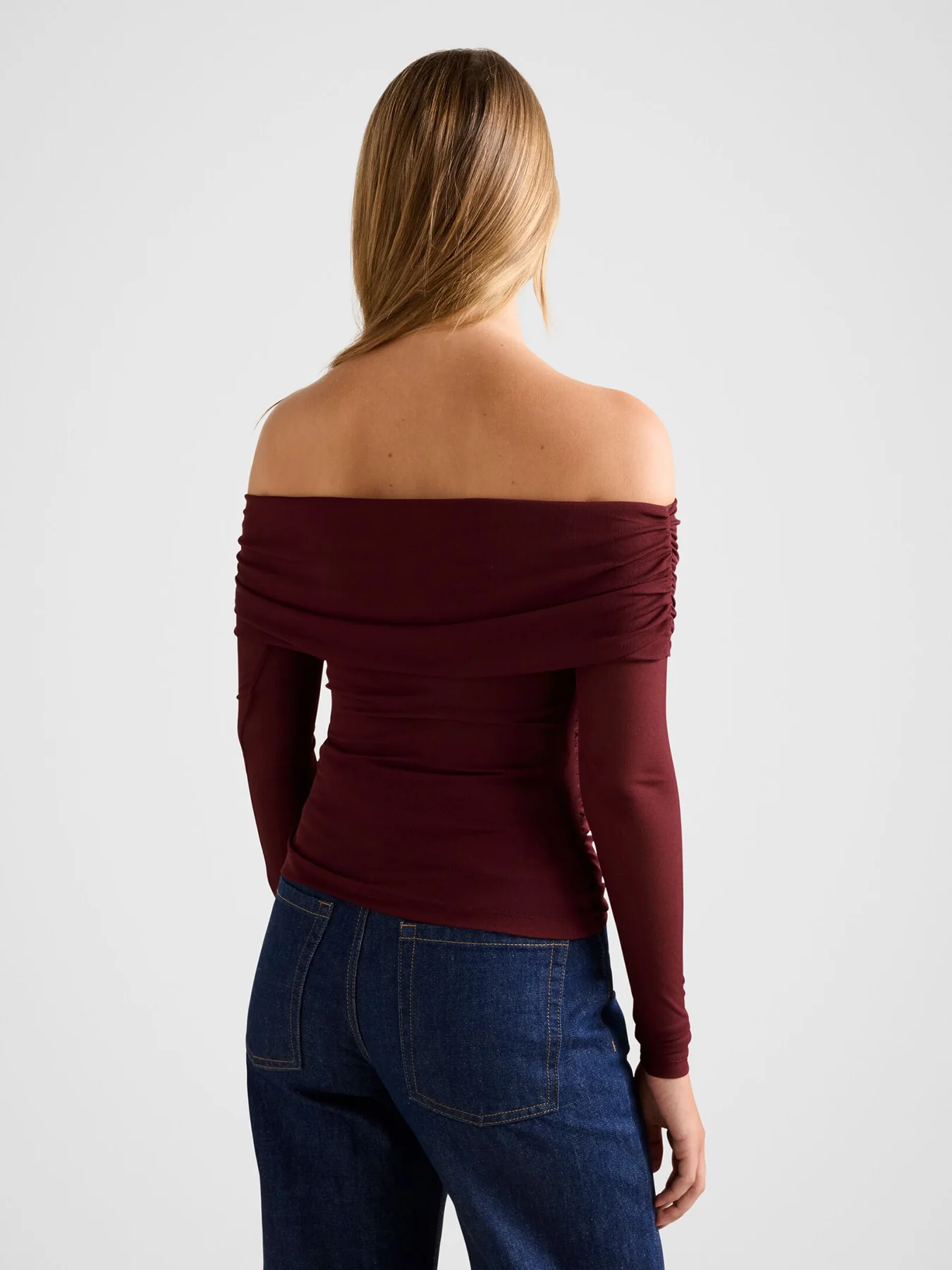 Kaia Ruched Mesh Bardot Neck Top Red - Image 3