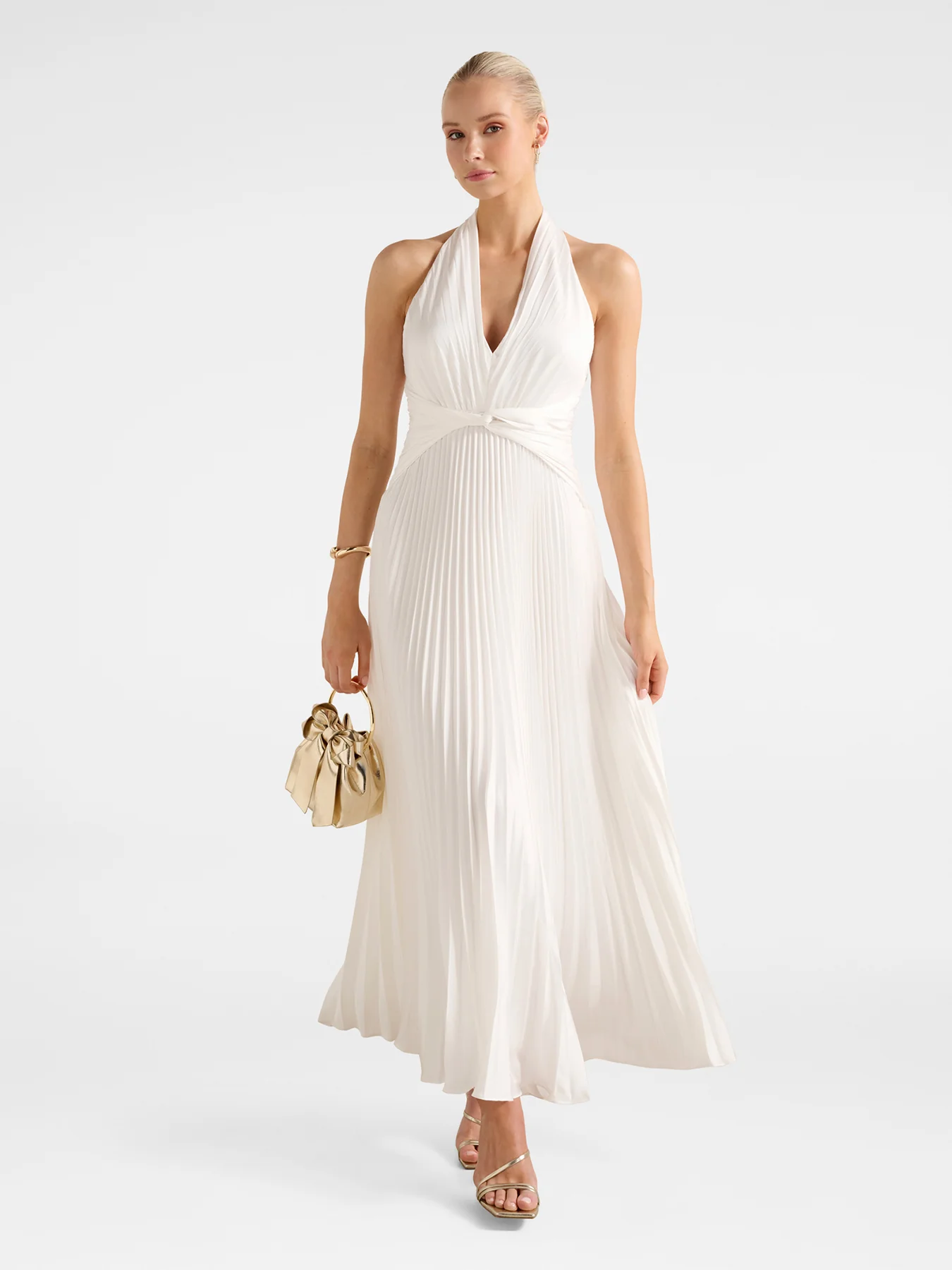 Natasha Pleated Satin Halter Neck Maxi Dress White - Image 2