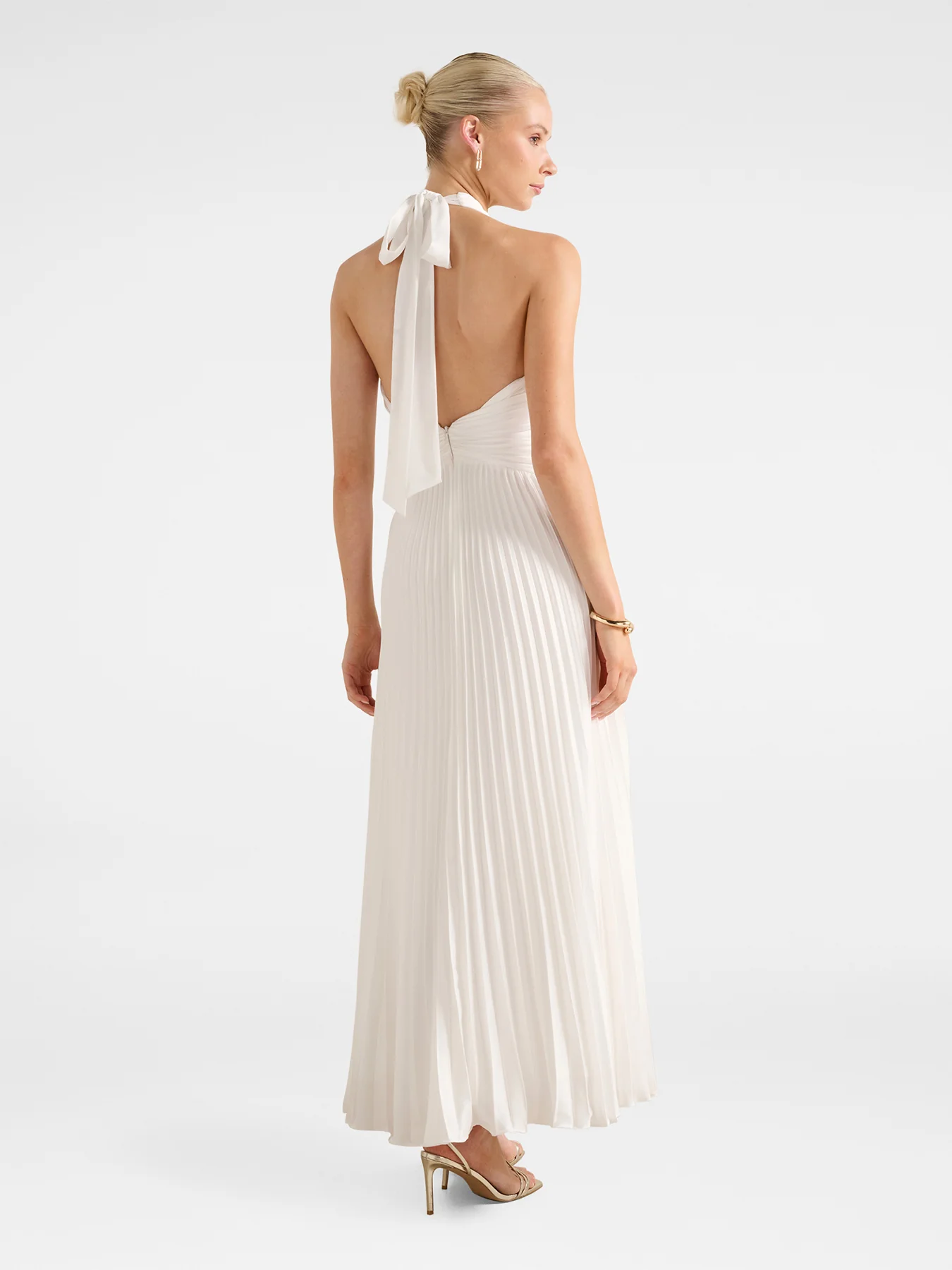 Natasha Pleated Satin Halter Neck Maxi Dress White - Image 5