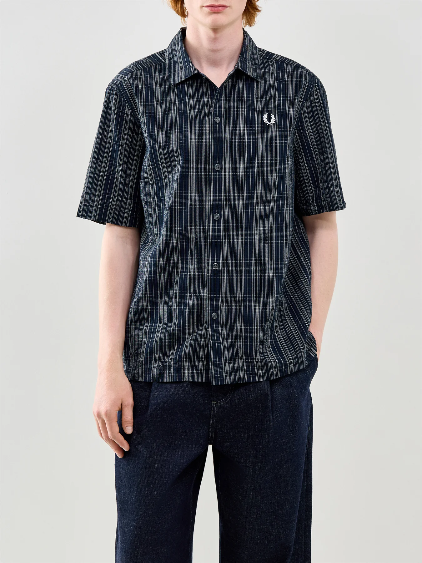 Seersucker Check Short Sleeve Shirt Navy - Image 4