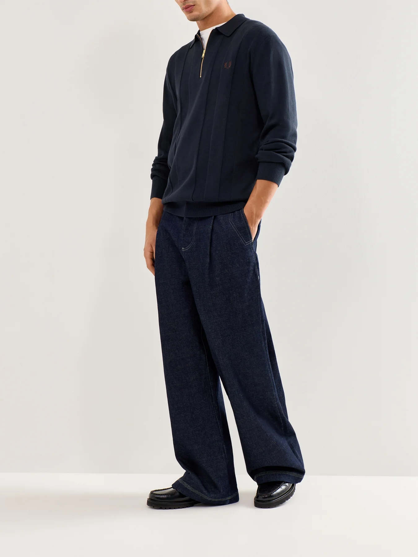 Tonal Stripe Knitted Quarter Zip Polo Navy - Image 2