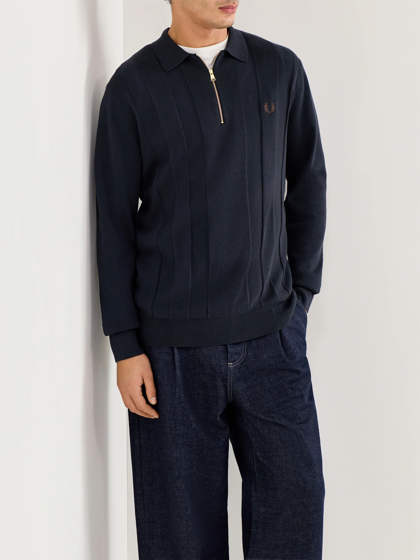 Tonal Stripe Knitted Quarter Zip Polo Navy - Image 4
