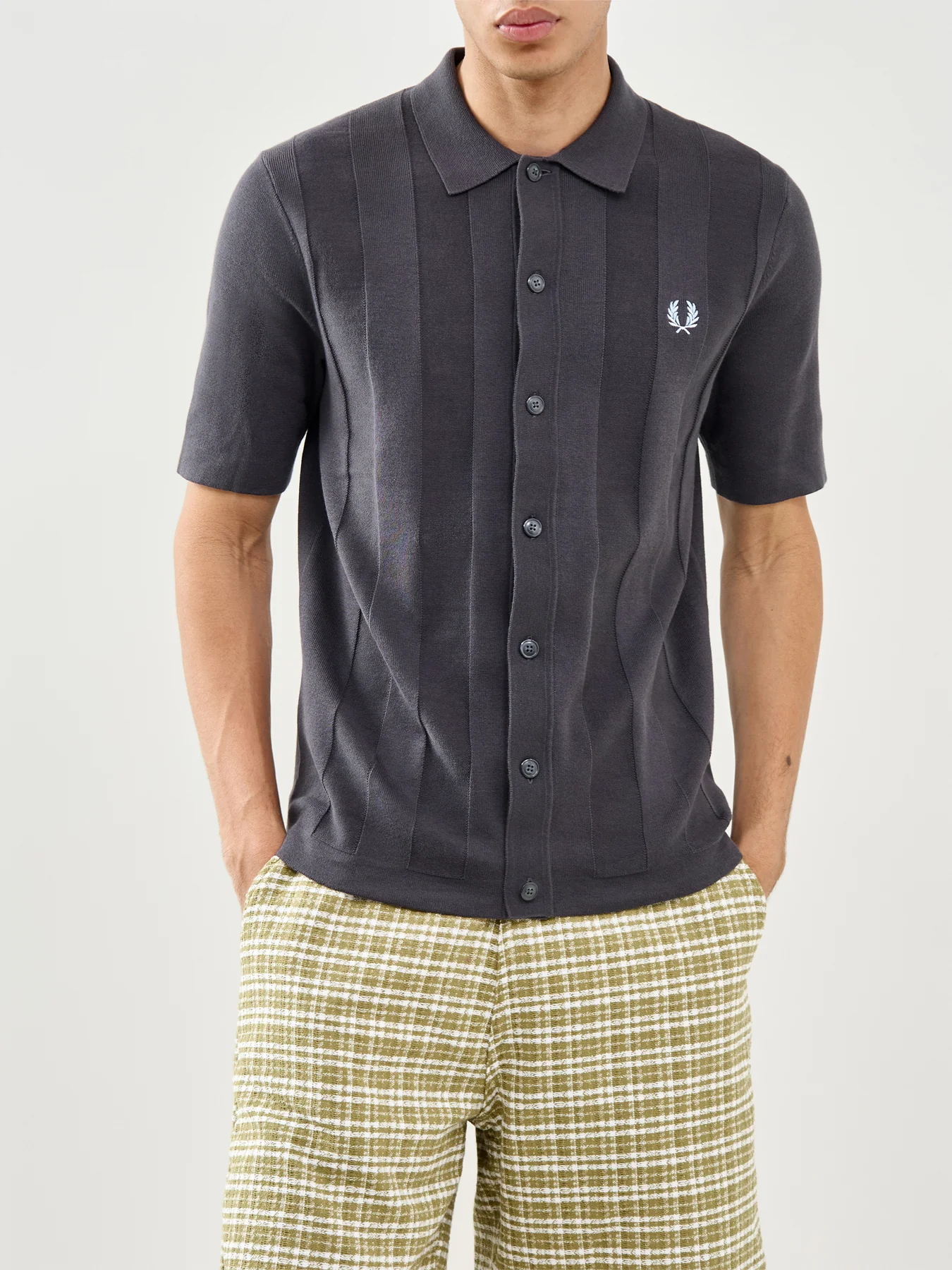 Tonal Vertical Stripe Knitted Shirt Grey - Image 4