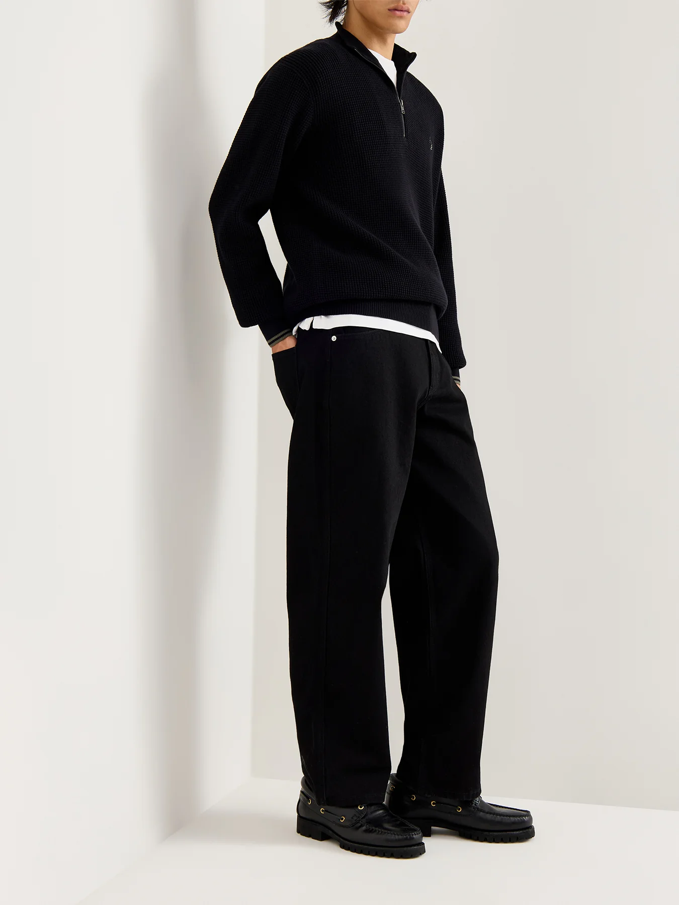 Waffle Stitch Half Zip Jumper Black - Image 2